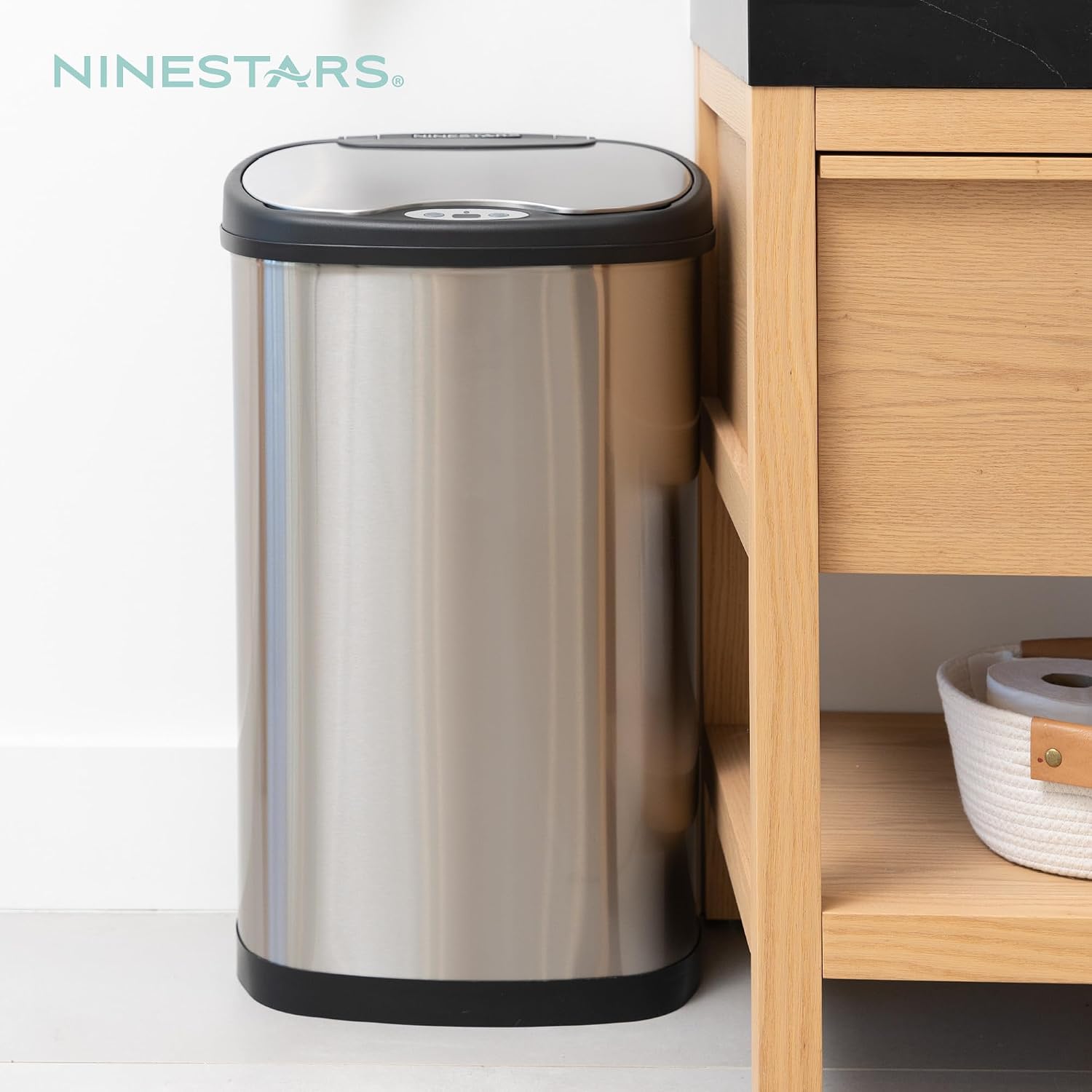 Ninestars 13 Gallon Oval Automatic Trash Can, 50L Touchless Motion Sensor Kitchen Garbage Can with Odor-Sealing Lid, Silver Stainless Steel