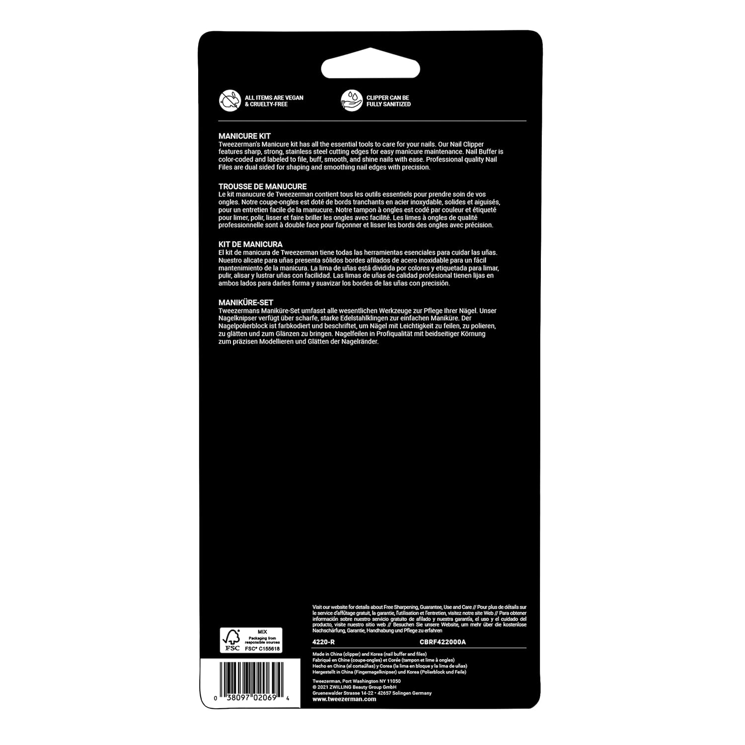 Tweezerman Manicure Kit with Clipper, Polish Remover Pushy, 2 Files Black