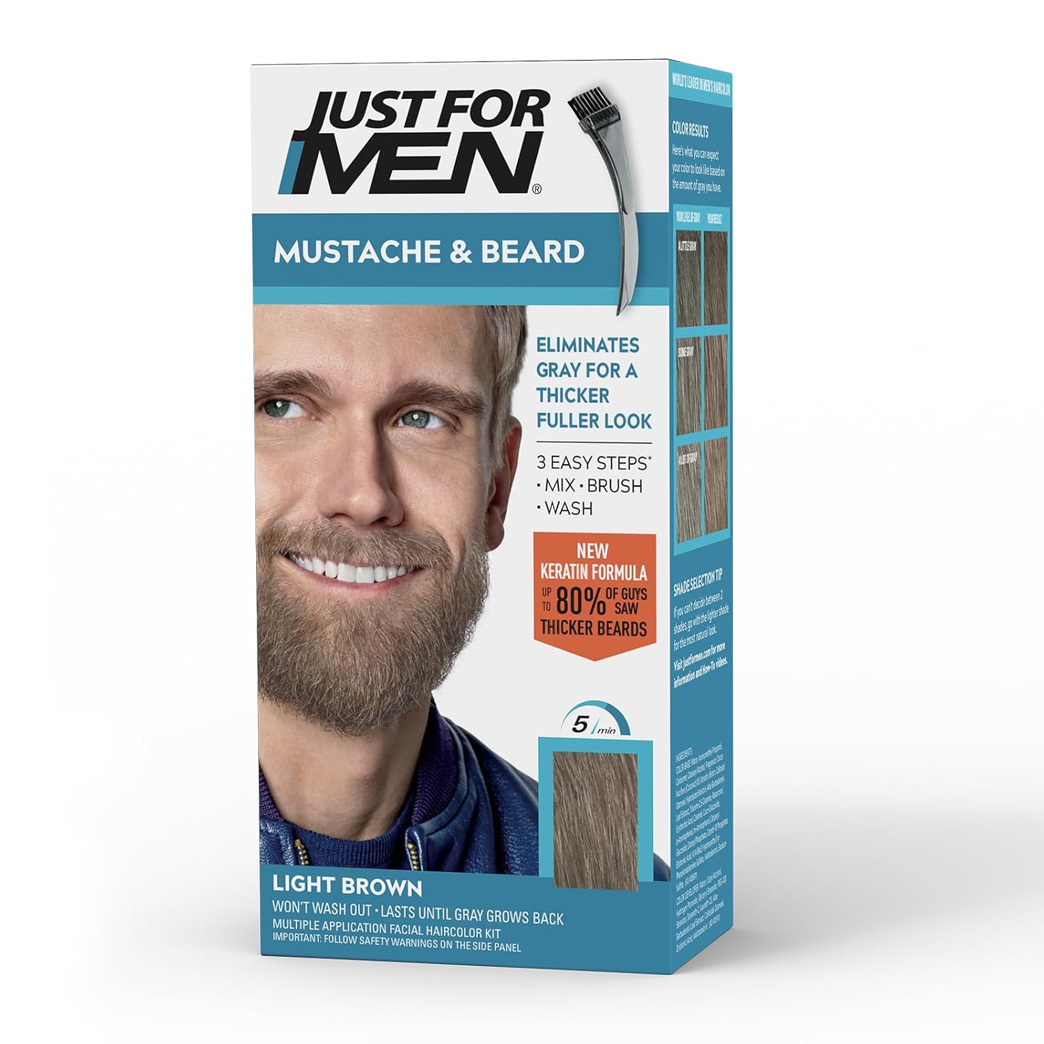 JUST FOR MEN Mustache & Beard Dye, Keratin, Light Brown M-25 (1 Pack) | Mustache & Beard color light brown designed for facial hair to instantly eliminate gray. Enhanced with keratin & biotin.