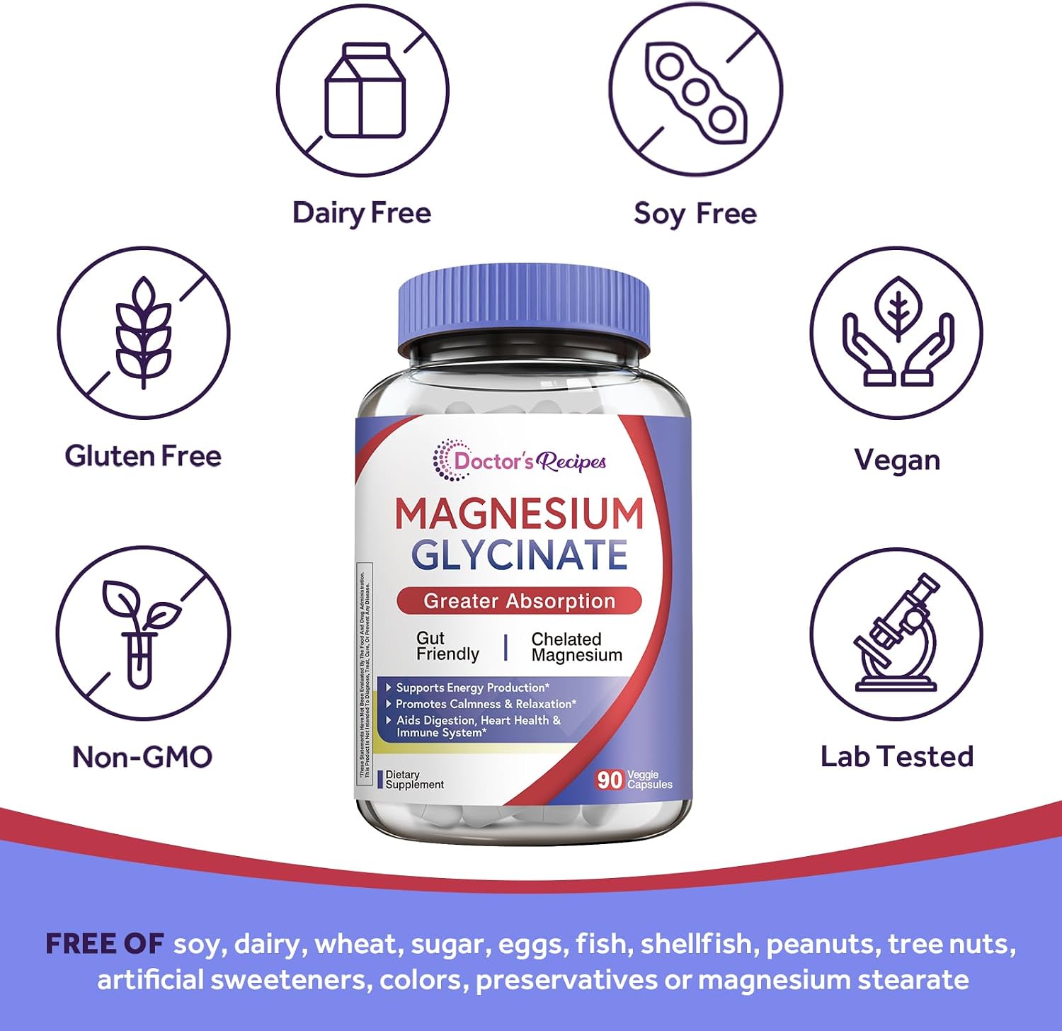 Doctor's Recipes Magnesium Glycinate Supplement, Amino Acid Chelated, Non Buffered, High Absorption, Easy on Stomach, Support Calm, Bone, Heart