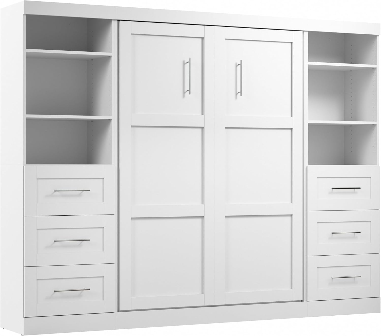 Bestar Pur Full Murphy Bed and 2 Shelving Units with Drawers, 109-inch Space-Saving Sleeping Arrangement in White | 2 Shelving Units with Drawers; supports up to 1000 lb; min. ceiling height 86.4 in.; dual piston mechanism; 10-year warranty
