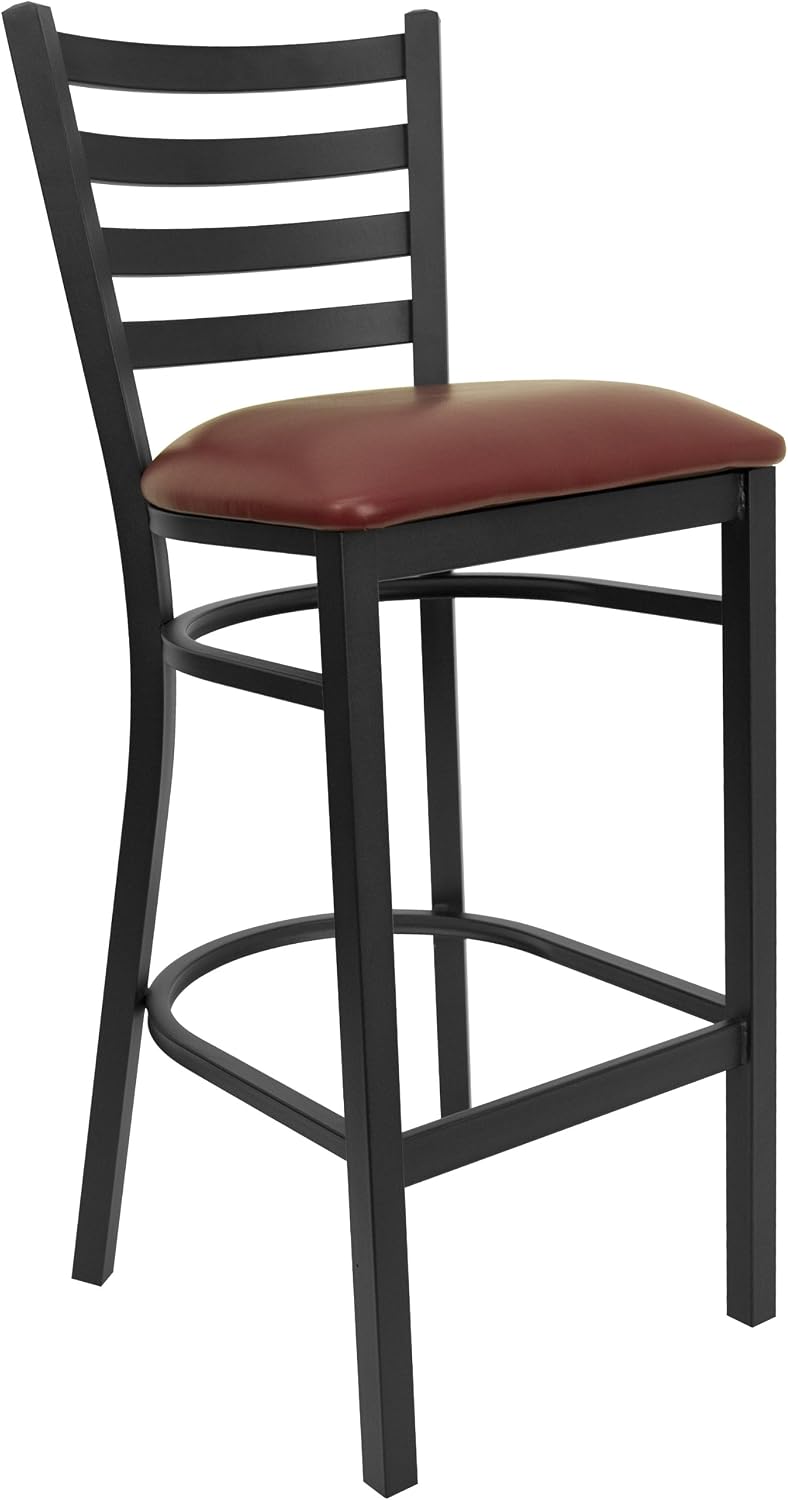 Flash Furniture Hercules Series Ladder Back Metal Restaurant Barstool, Modern Upholstered Armless Bar Height Chair for Restaurants and Kitchens, Black | Vinyl Upholstery, Durable Construction, Commercial Use