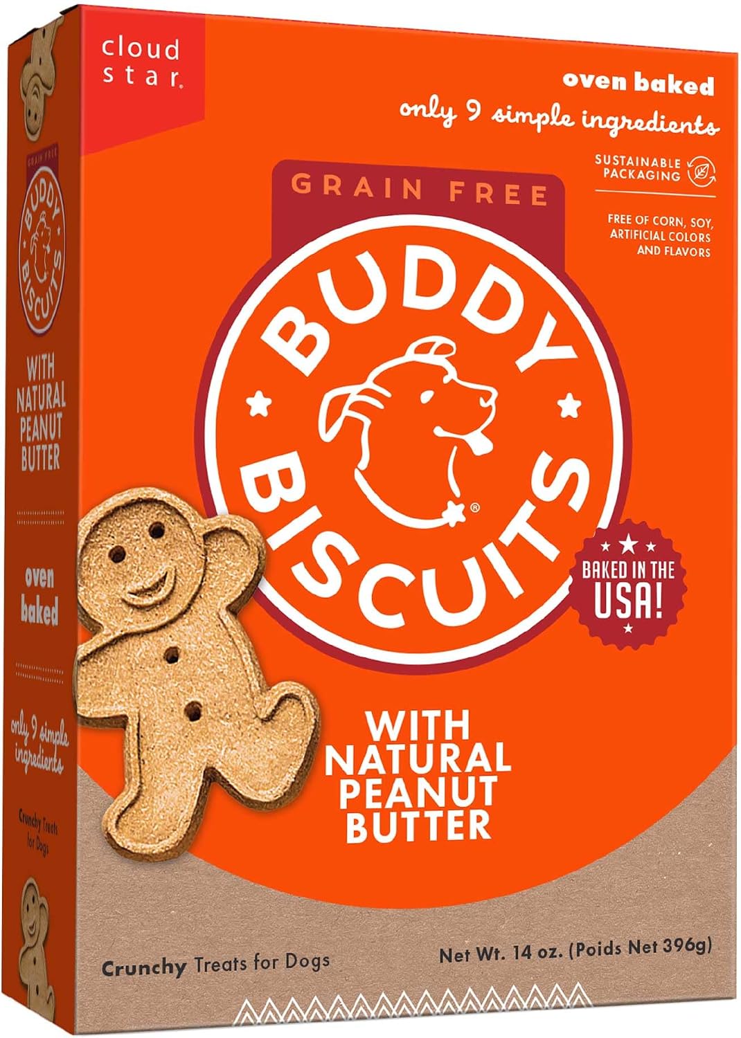 Buddy Biscuits Grain Free Dog Treats, Baked in USA, Large Size Treat with Natural Peanut Butter 14 oz.