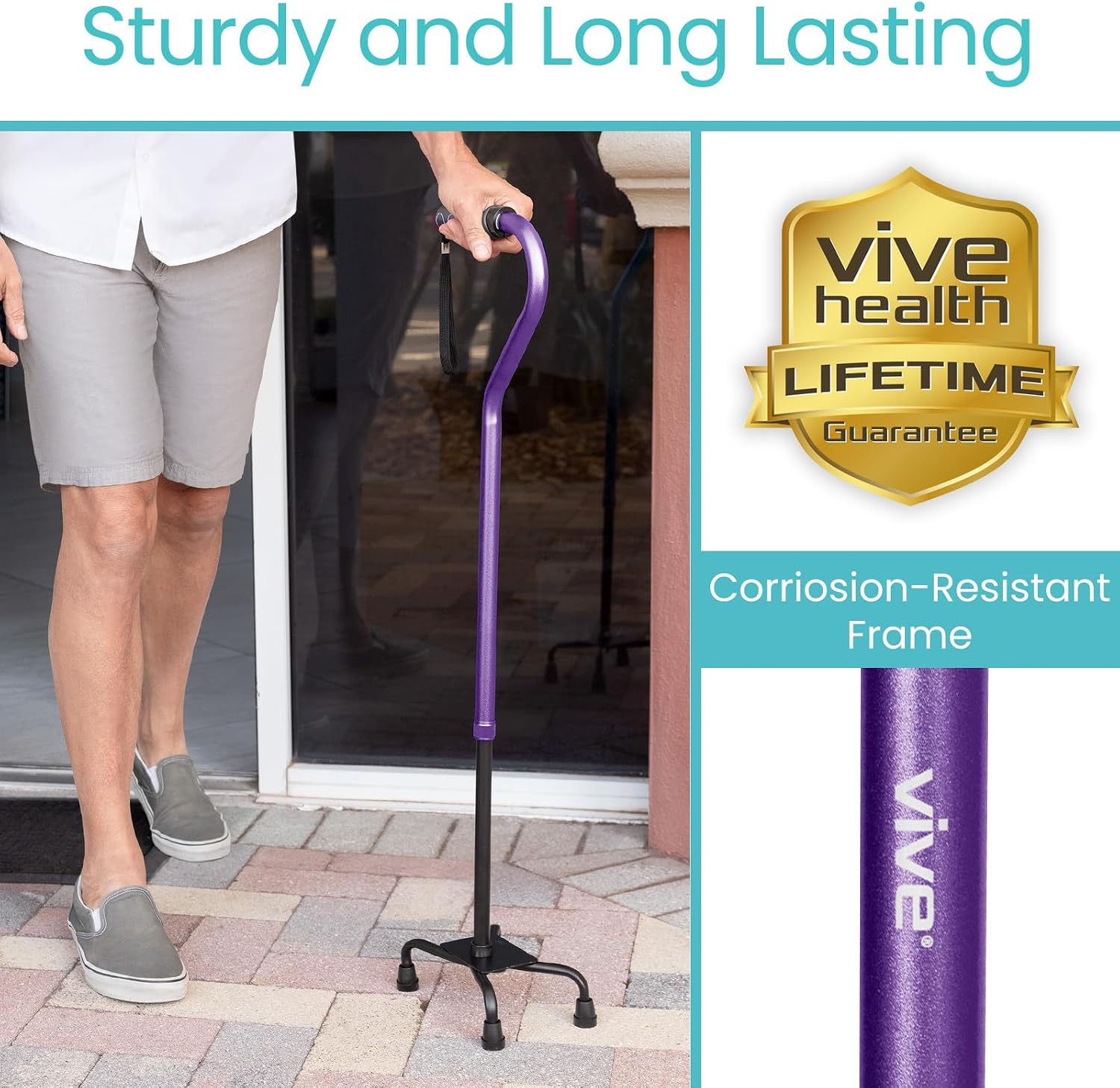 Vive Quad Cane - Walking Stick for Men and Women - Lightweight Adjustable Staff - Comfortable Right and Left Hand Grip for Stability Support - Four Prong Sturdy Aluminum Travel Aid - 4 Tip Blue | Senior 4 Prong Walking Stick for Stability & Balance- Righ…