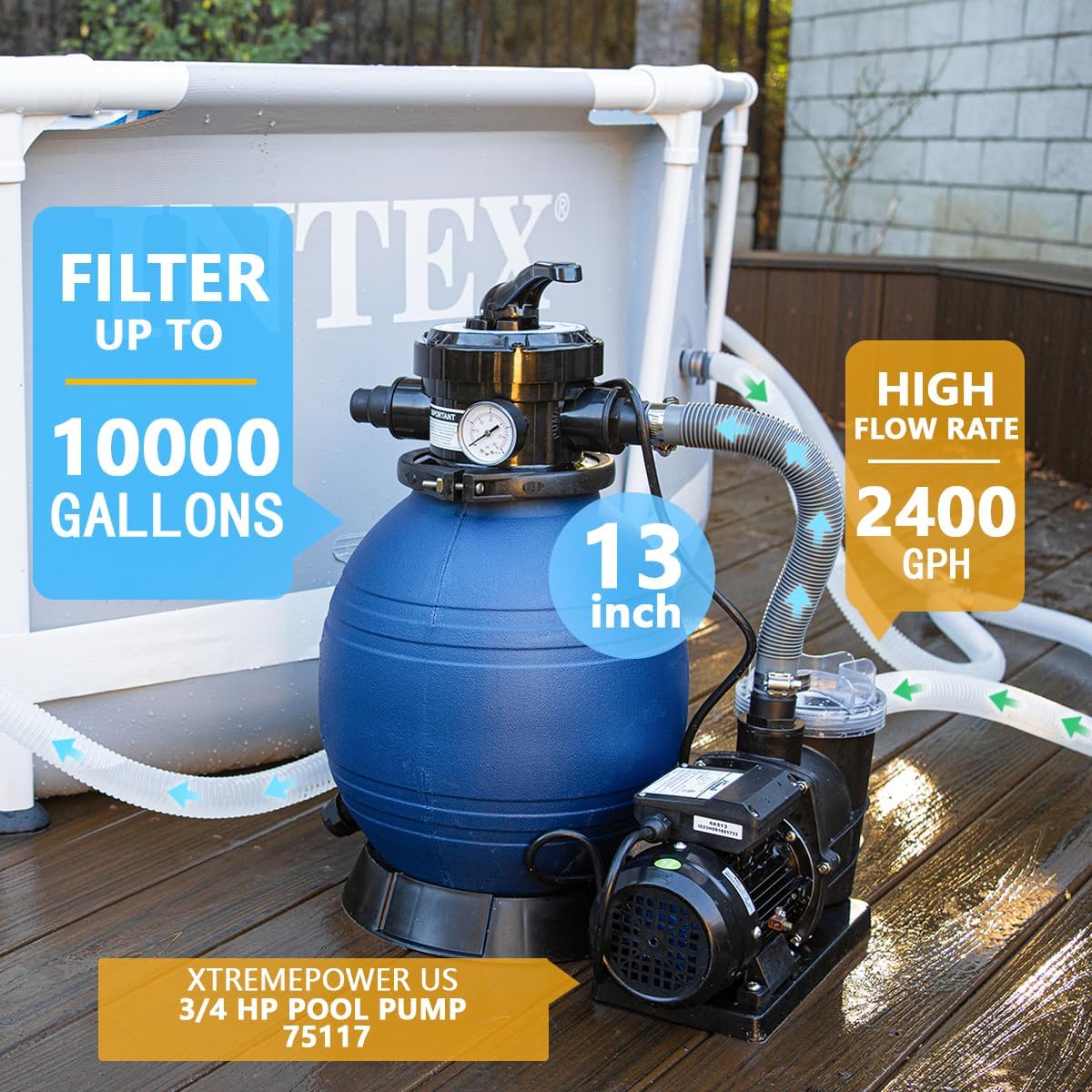 XtremepowerUS 13" Sand Filter Pump System for Above Ground Swimming Pool Self-Priming Pool Pump Multi-Port Valve, Strainer Basket 2, 400 GPH, Up to 10