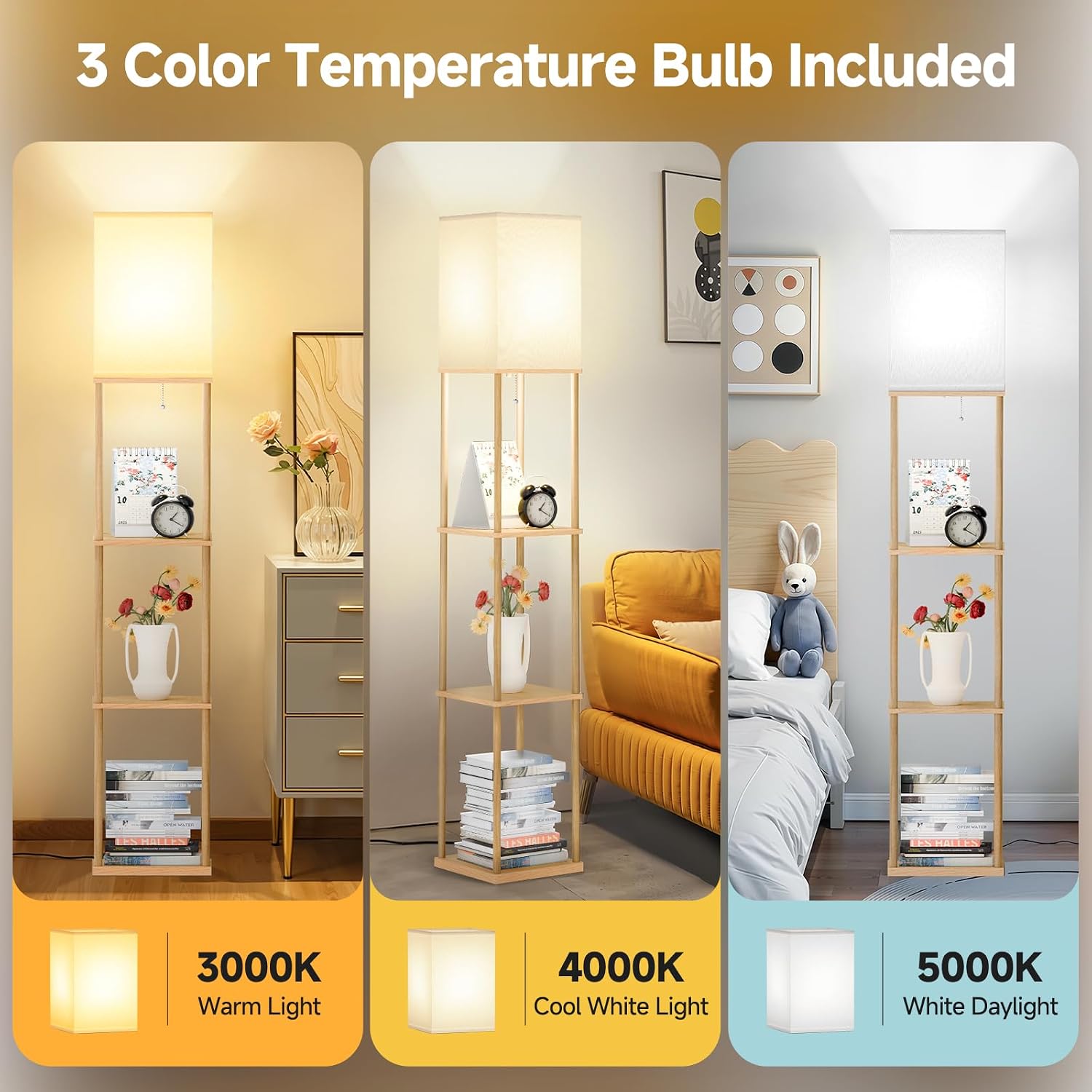 SHINE HAI Floor Lamp with Shelves, 3-Tier Square Modern Shelf Lamp