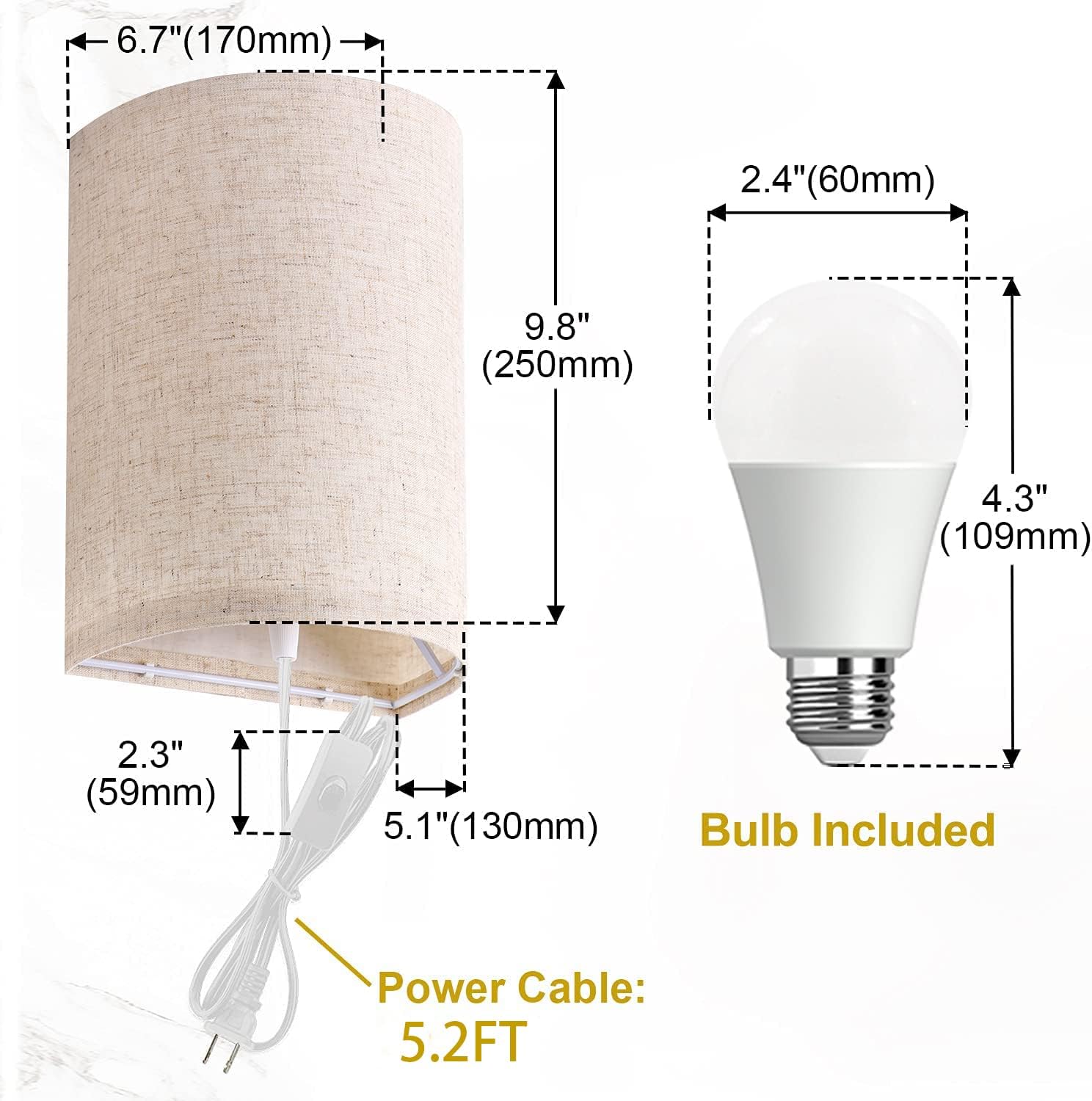 AVV Wall Sconces Set of Two, Wall Lamp Plug in with On/Off Switch, 2700K 4000K 5000K Selectable, Wall Lights for Bedroom, Living Room