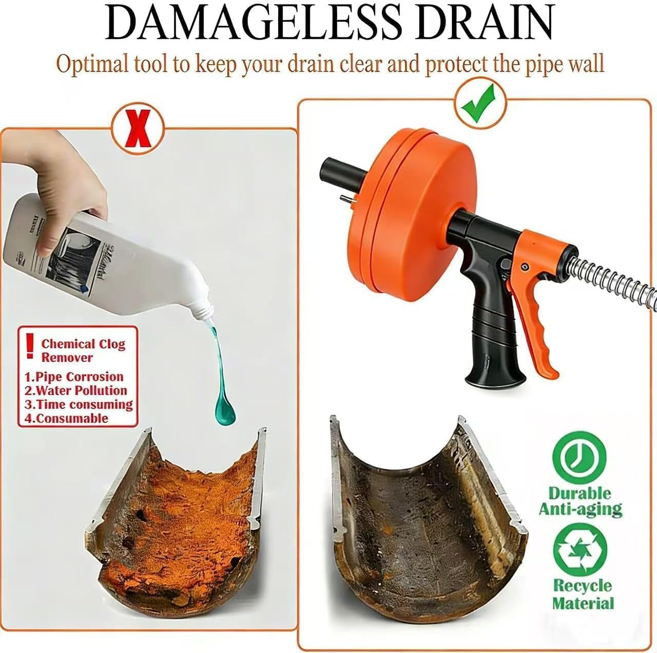 50 FT Double Mode Drain Snake Tools, 14-in-1 Drain Auger for Sink and Drain Unblocking, Plumbing Snake for Kitchen, Bathrom and Shower Sink