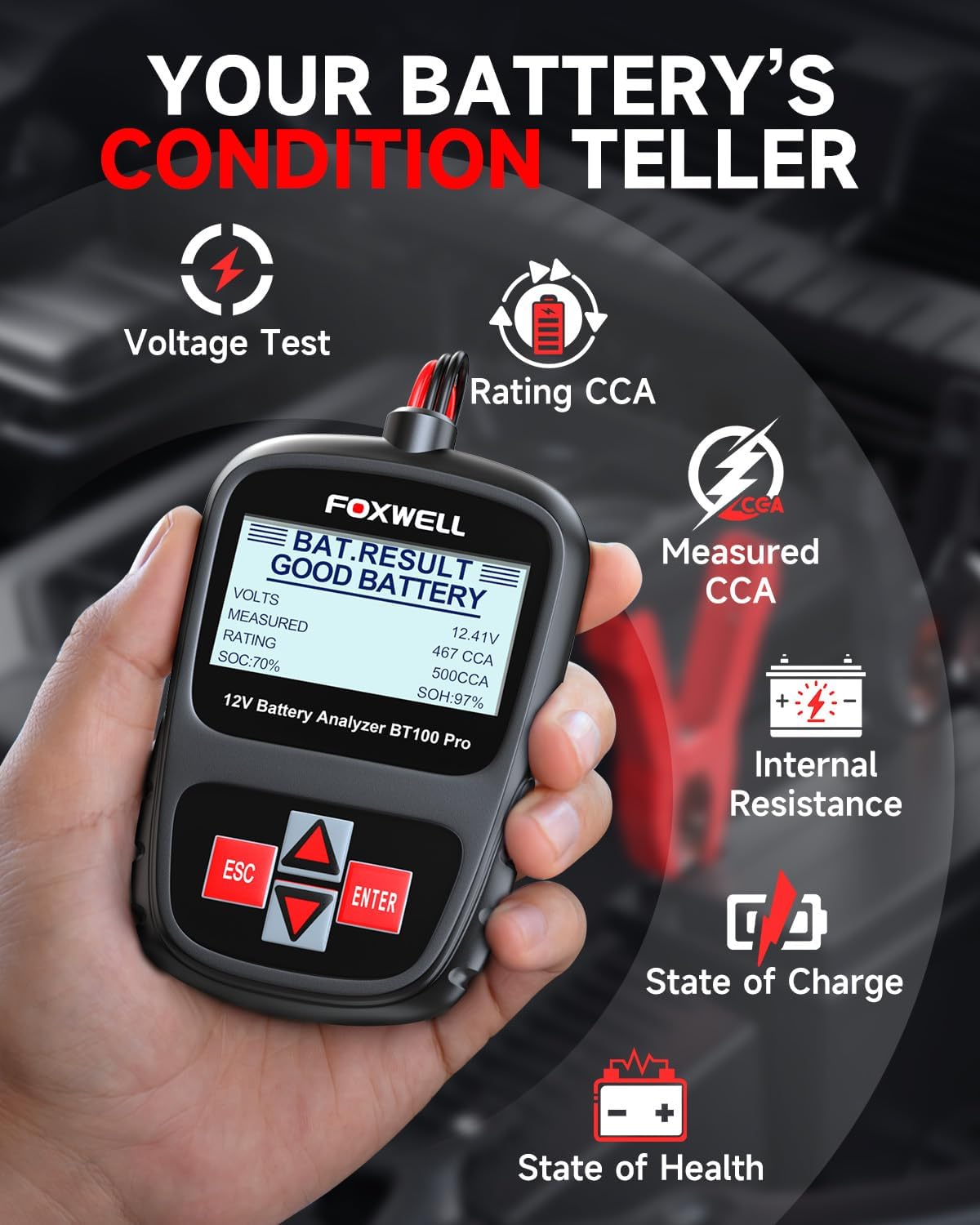 FOXWELL BT100 PRO Car Battery Tester, 12V, 100-1100 CCA Load Tester | Battery Health Tester, Save Last Test, 99.6% Accuracy, SOH/SOC/CCA