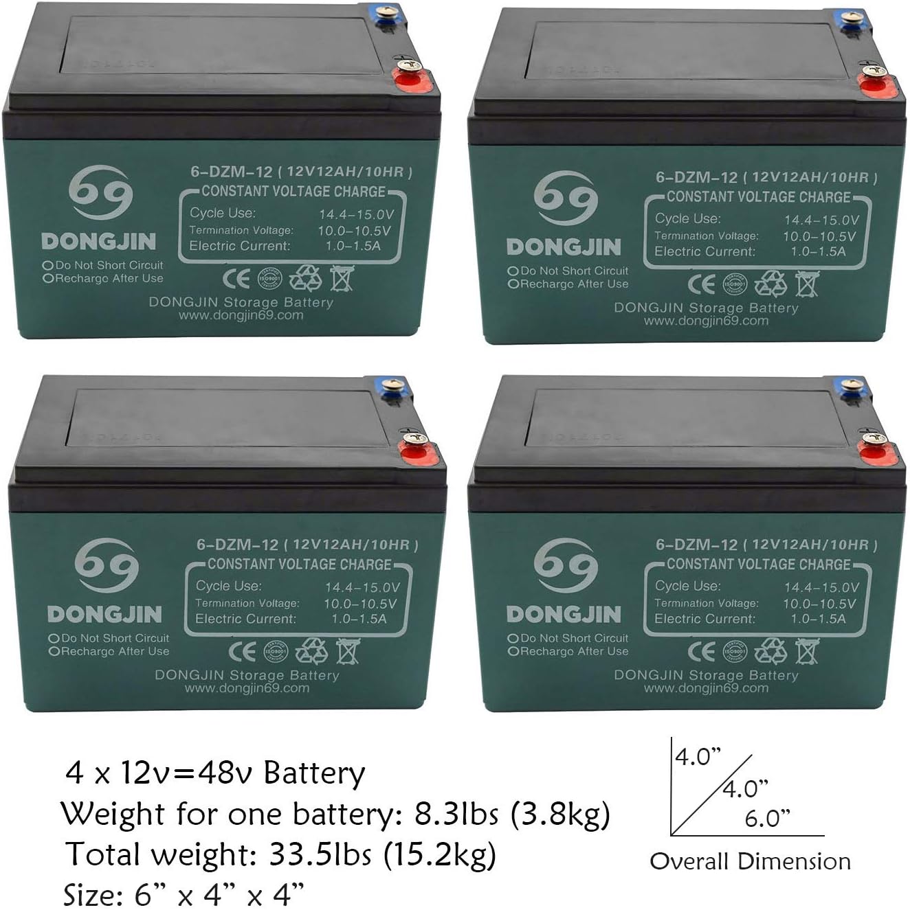 4Pcs 12V 12Ah 6-DZM-12 Motorcycle Rechargeable Battery for Buggy Bike Scooter Go Kart ATV Pit Dirt Bike