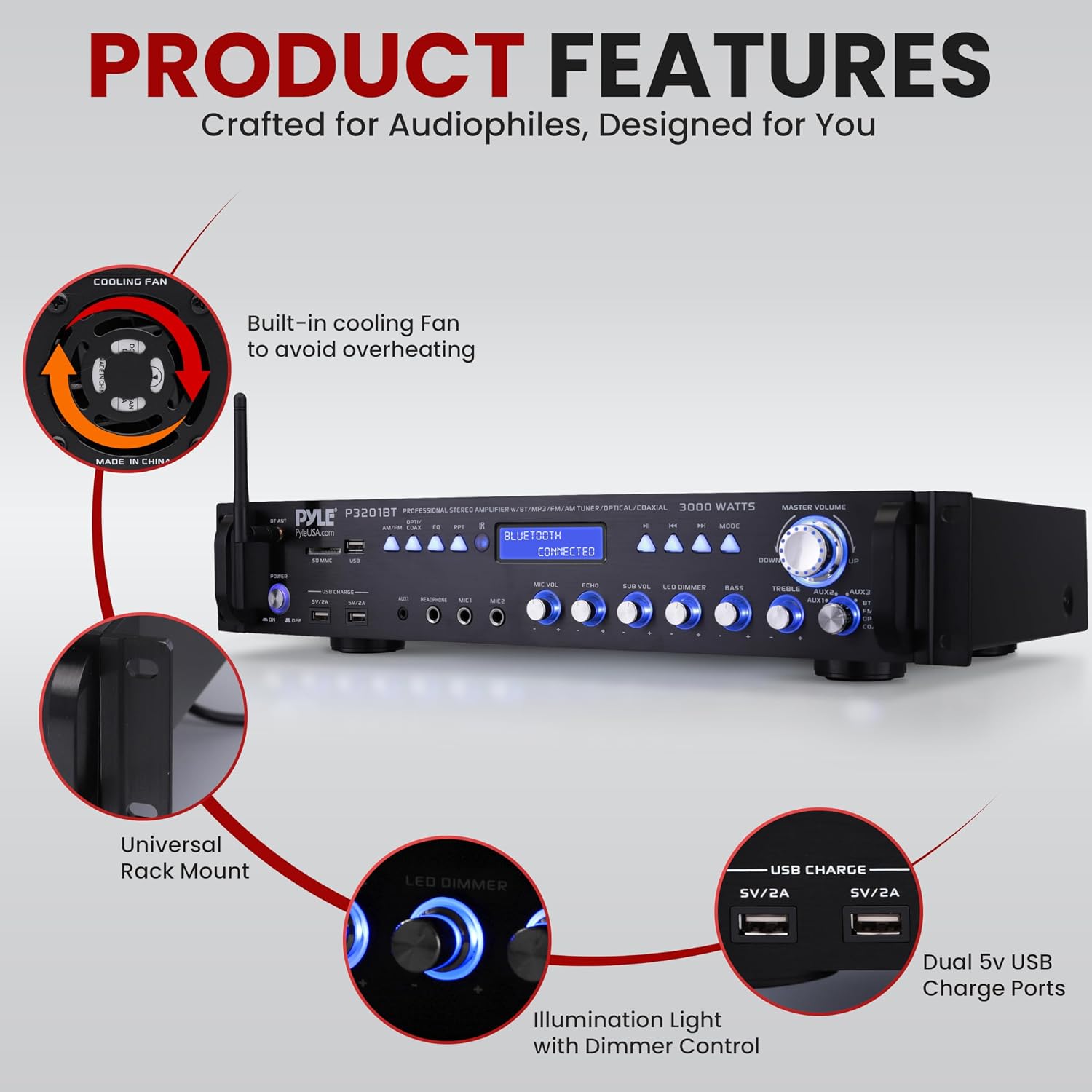 Pyle Multi Channel Bluetooth Preamplifier Receiver - 3000 Watt Audio Home Speaker Sound Stereo w/Radio, USB, Headphone, AUX, RCA