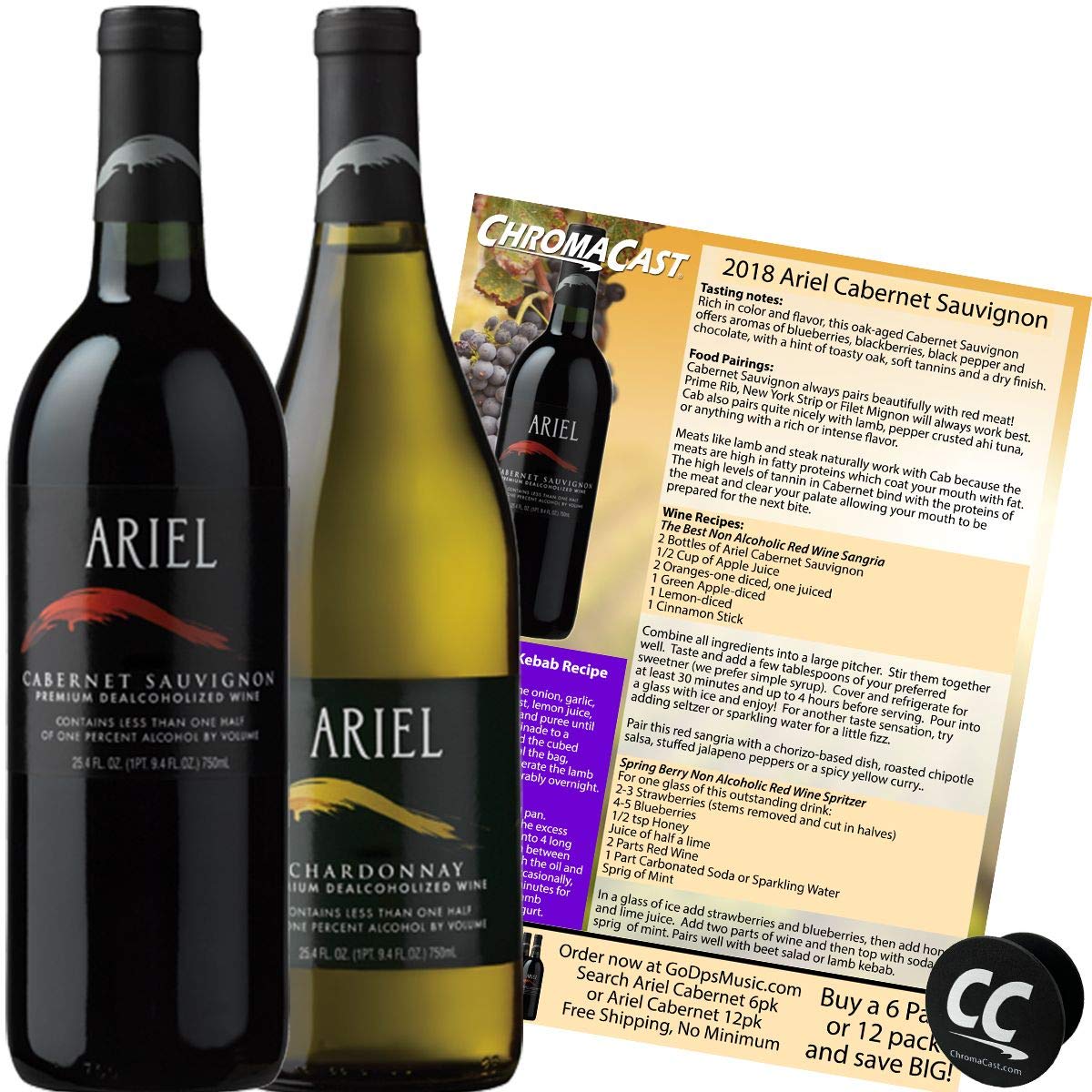 Ariel Cabernet & Chardonnay Non-Alcoholic Red & White Wine Experience Bundle with Phone Grip, Seasonal Wine Pairings & Recipes, 2 Pack