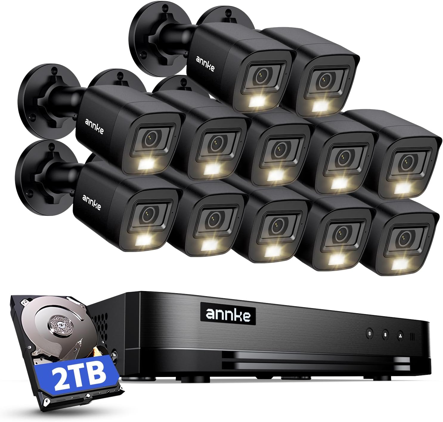 ANNKE 16 Channel Security Camera System, 12Pcs 2MP Outdoor Cameras, 2TB HDD | 16CH 5-in-1 1080P Lite Video DVR, Smart Dual Light
