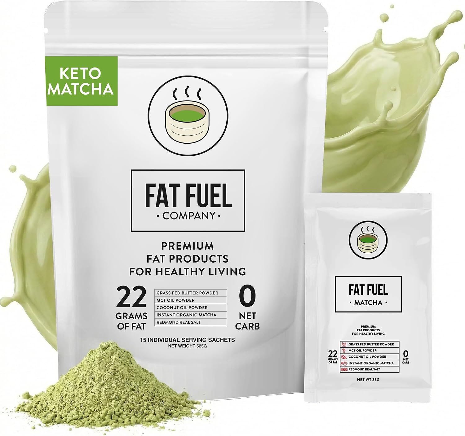 FAT FUEL Keto Matcha 22g Premium Fats - With Grass Fed Butter, MCT Oil, Coconut & Redmond Real Salt - Instant Organic Matcha, Zero Net Carb