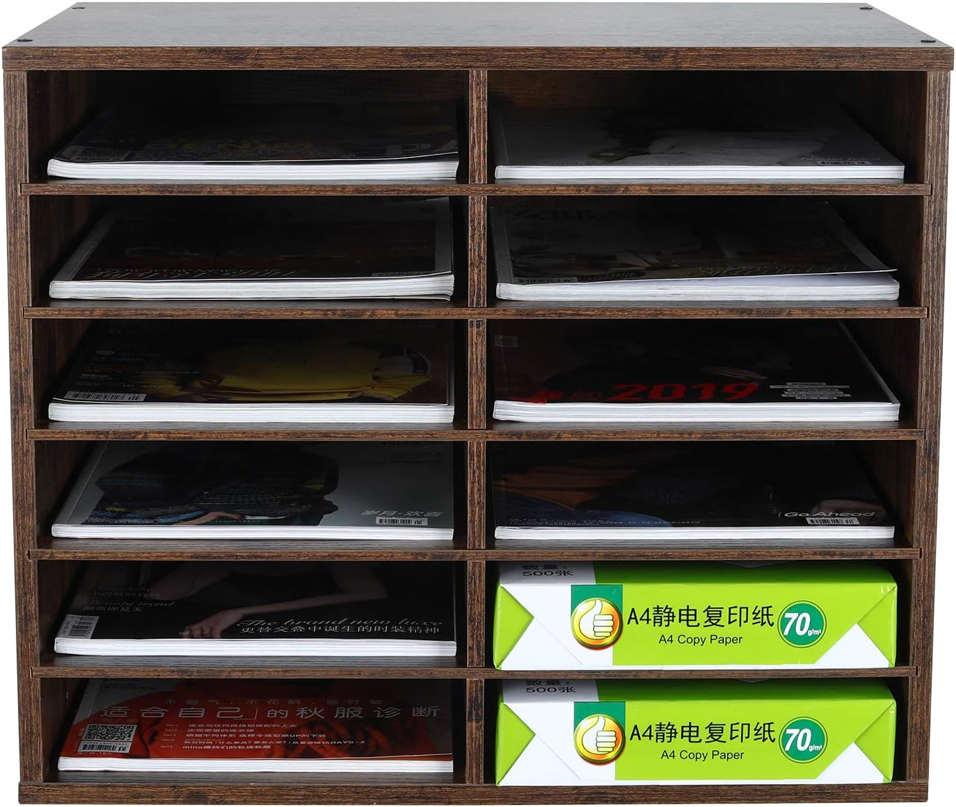 EasyPAG 12 Compartments Wooden Literature Organizer with Adjustable Shelves, 6000 Sheets Capacity Paper Organizer