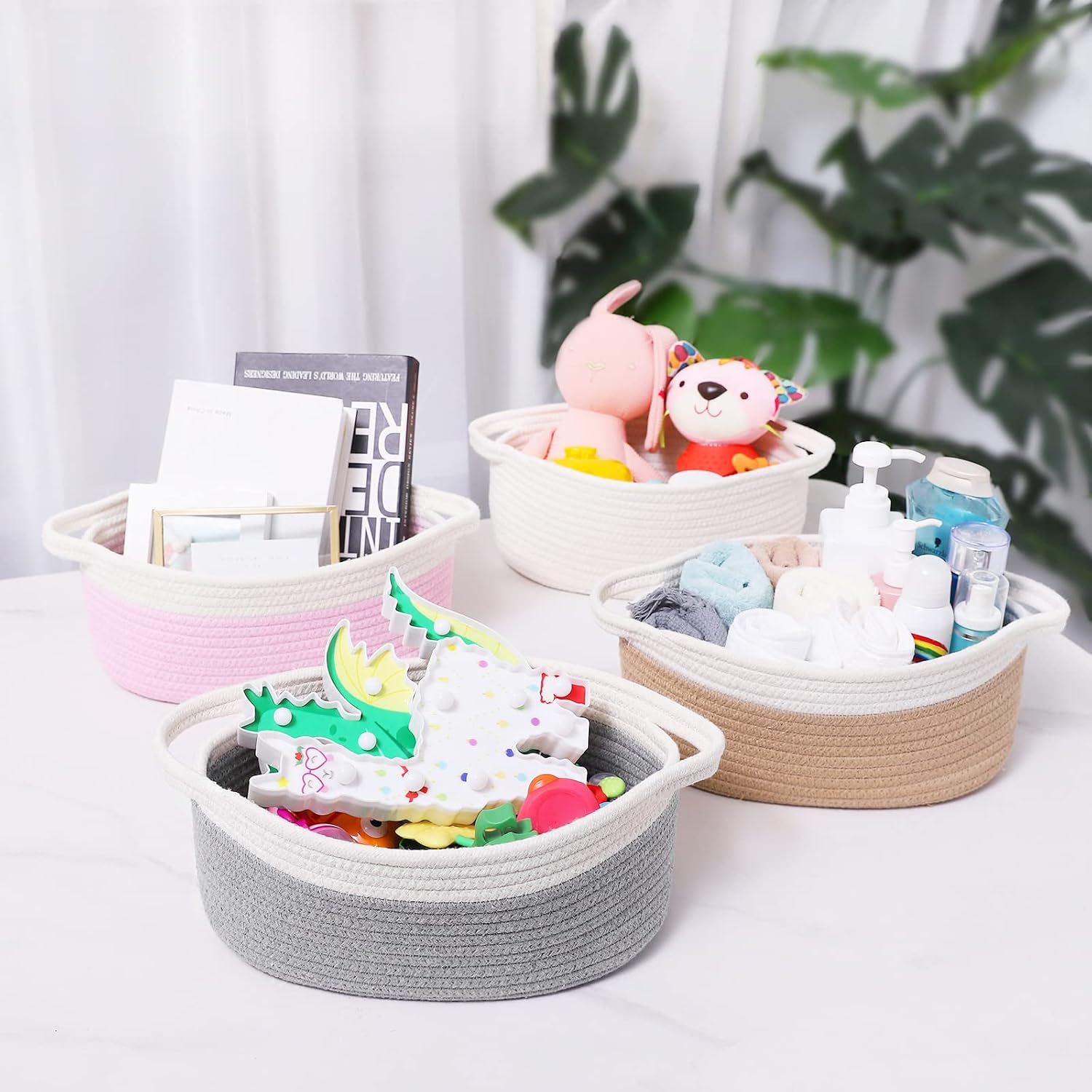 ABenkle Small Basket with Handles, Boho Decorative Rope Woven Dog Cat Toy Storage Bin Shelf Storage Organizer, Easter Christmas Gift Basket, 12"x8"x5"