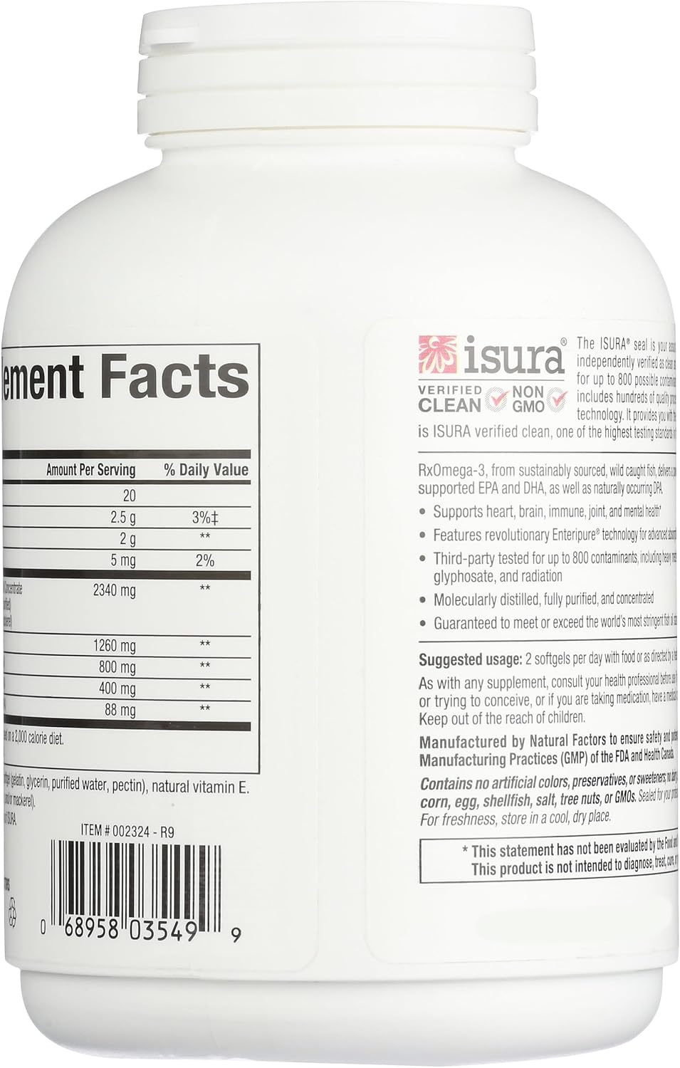 Natural Factors, RxOmega-3 Fish Oil, Pharmaceutical Grade, 1260 mg Omega-3 Per Serving, No Fishy Aftertaste, 240 Count (Pack of 1)