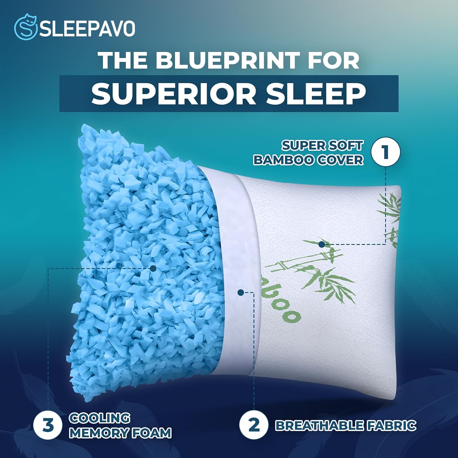Memory Foam Pillows Queen Size Set of 2 - Cooling Bed Pillows for Sleeping - Back, Stomach, Side Sleeper Firm, Comfy Cool Shredded - 2 Pack, Rayon Derived from Bamboo