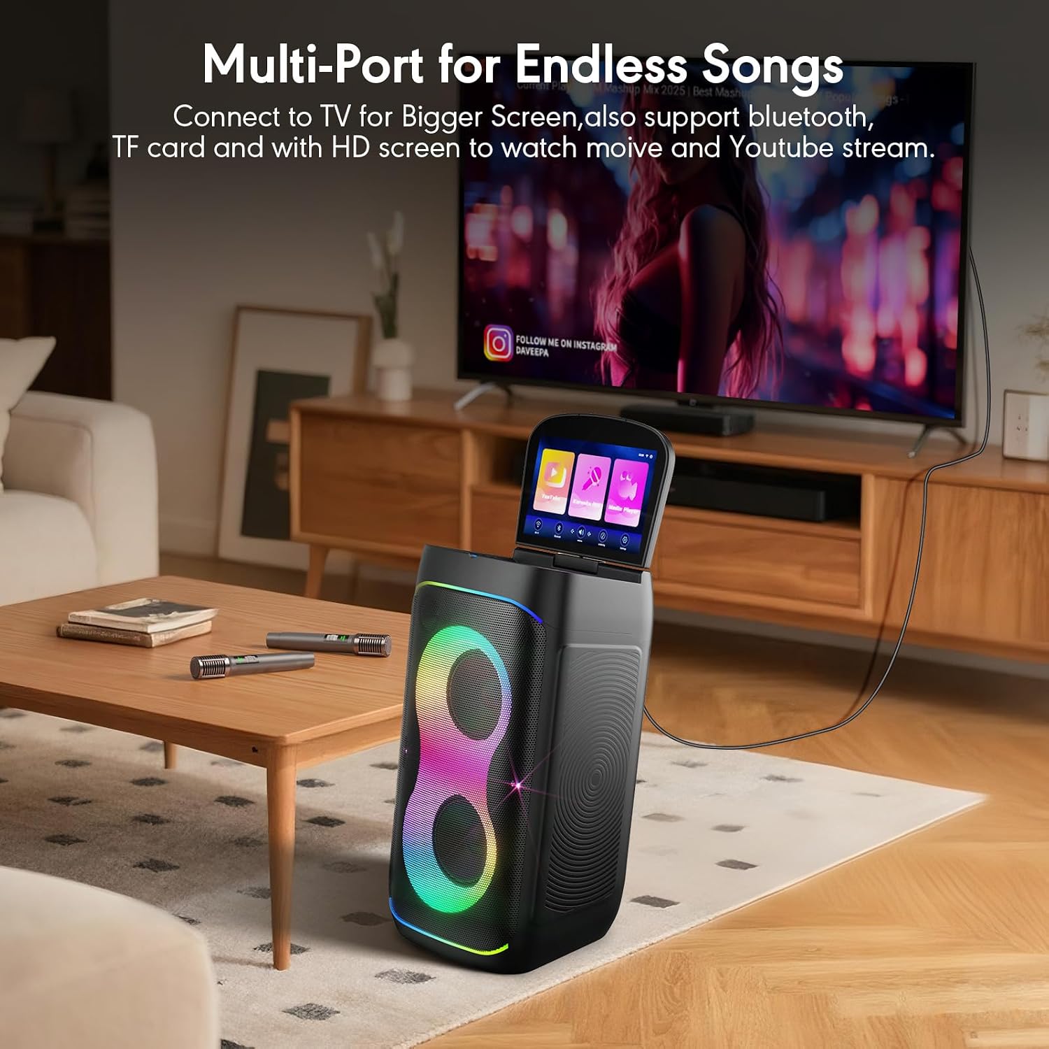 Smart Karaoke Machine with 10.1 Inch Screen, with Lyrics Display, Build-in Karaoke APP, 300W Powerful Speaker, 2 Wireless Microphones