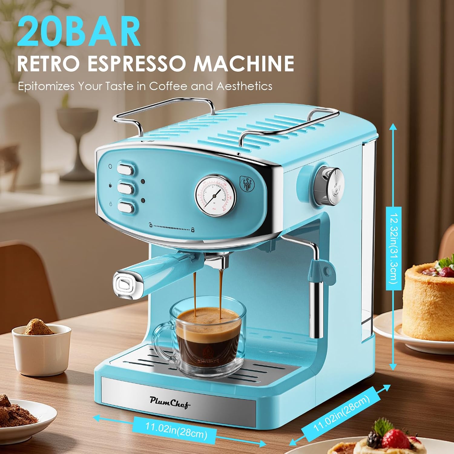 Plum chef Espresso Machine 20 Bar, Household Coffee Maker with Milk Frother Steam Wand, Pressure Gauge, 54oz Large Water Tank, Low Noise Fast Brew for Cappuccino Latte Macchiato Home Office
