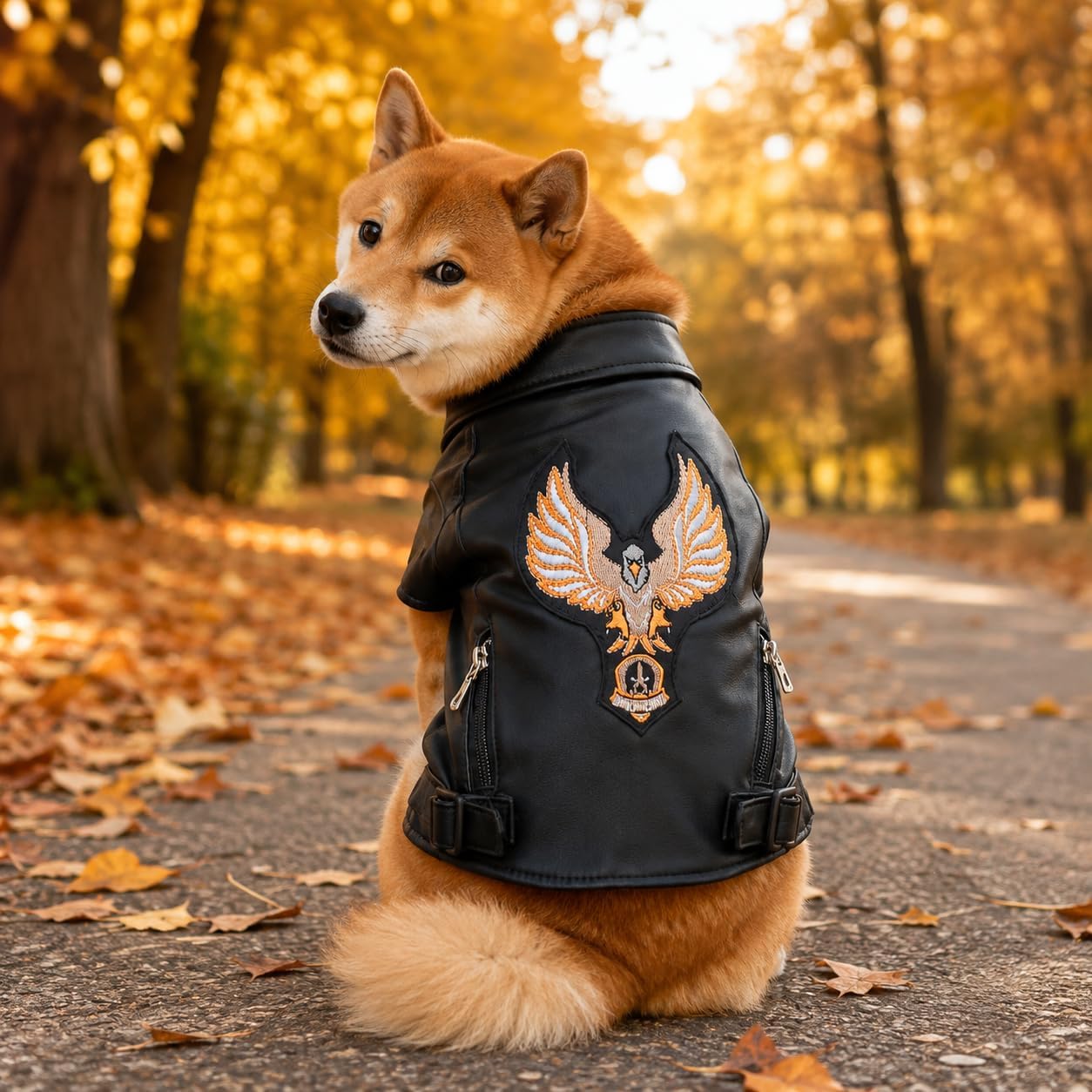 Lovelonglong Cool Dog Leather Jacket, Warm Coats Dogs Windproof Cold Weather Coats for Large Medium Small Dogs with Eagle Embroidery Black XS