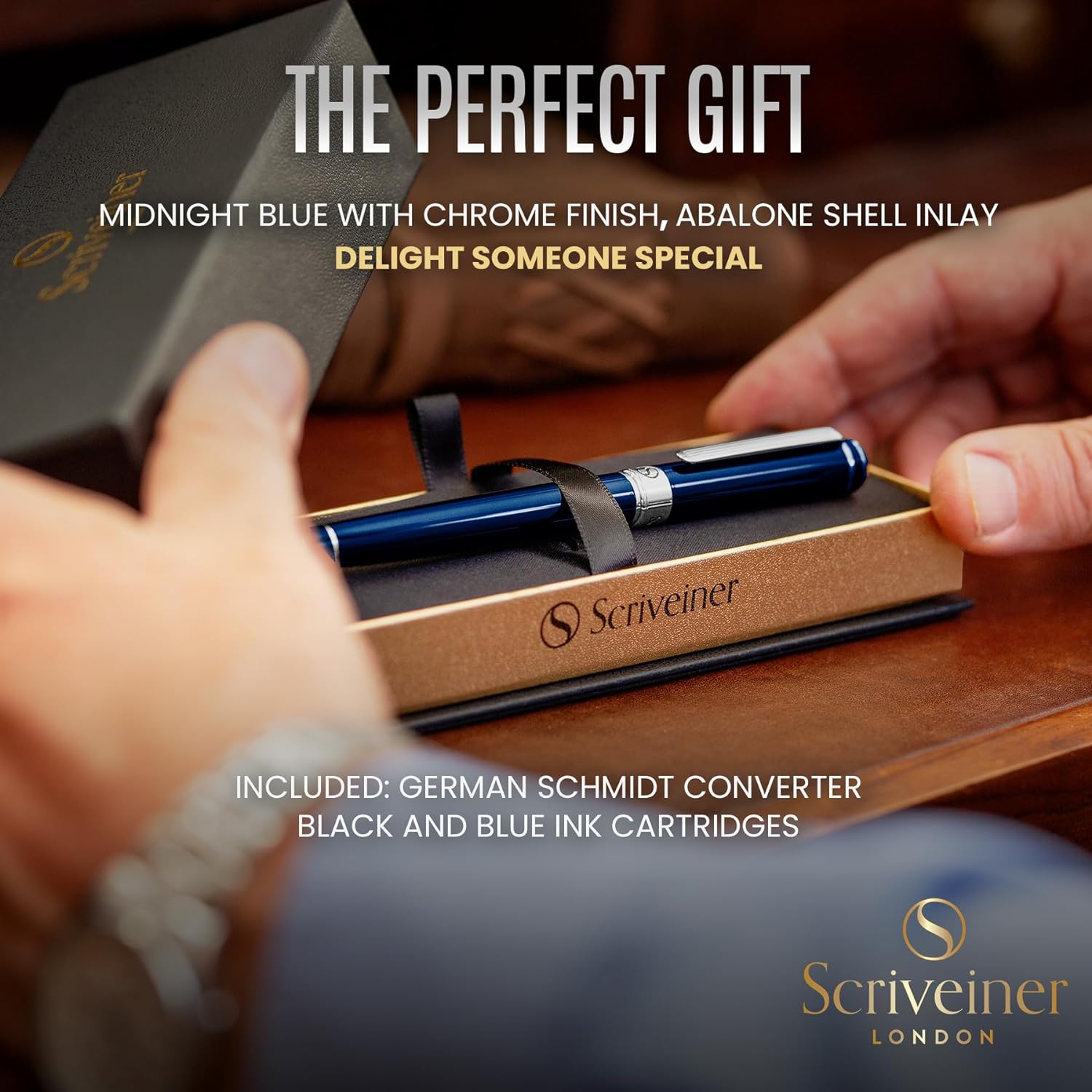 Scriveiner Silver Chrome Fountain Pen - Stunning Luxury Pen, Real Gold Finish Schmidt Gilded Nib (Medium), Best Pen Gift Set for Men & Women
