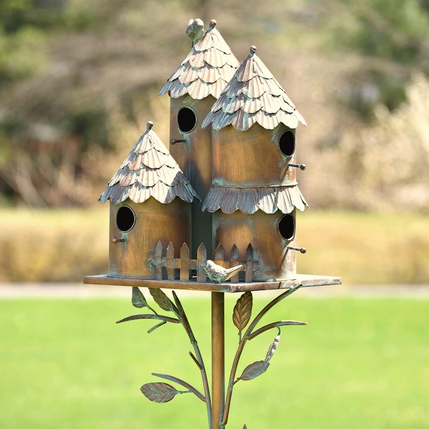 Large Copper Colored Multi-Birdhouse Stakes, Room for 4 Bird Families in Each (Cube Homes with Pyramid Roofs)