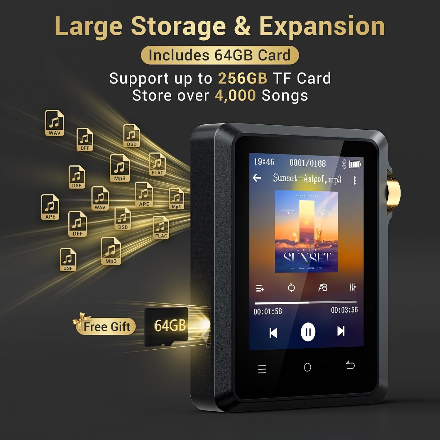 128GB MP3 Player with Bluetooth 5.4, AGXOV Music Player with Built-in HD Speaker, FM Radio, Voice Recorder, HiFi Sound, E-Book, Earphones Included