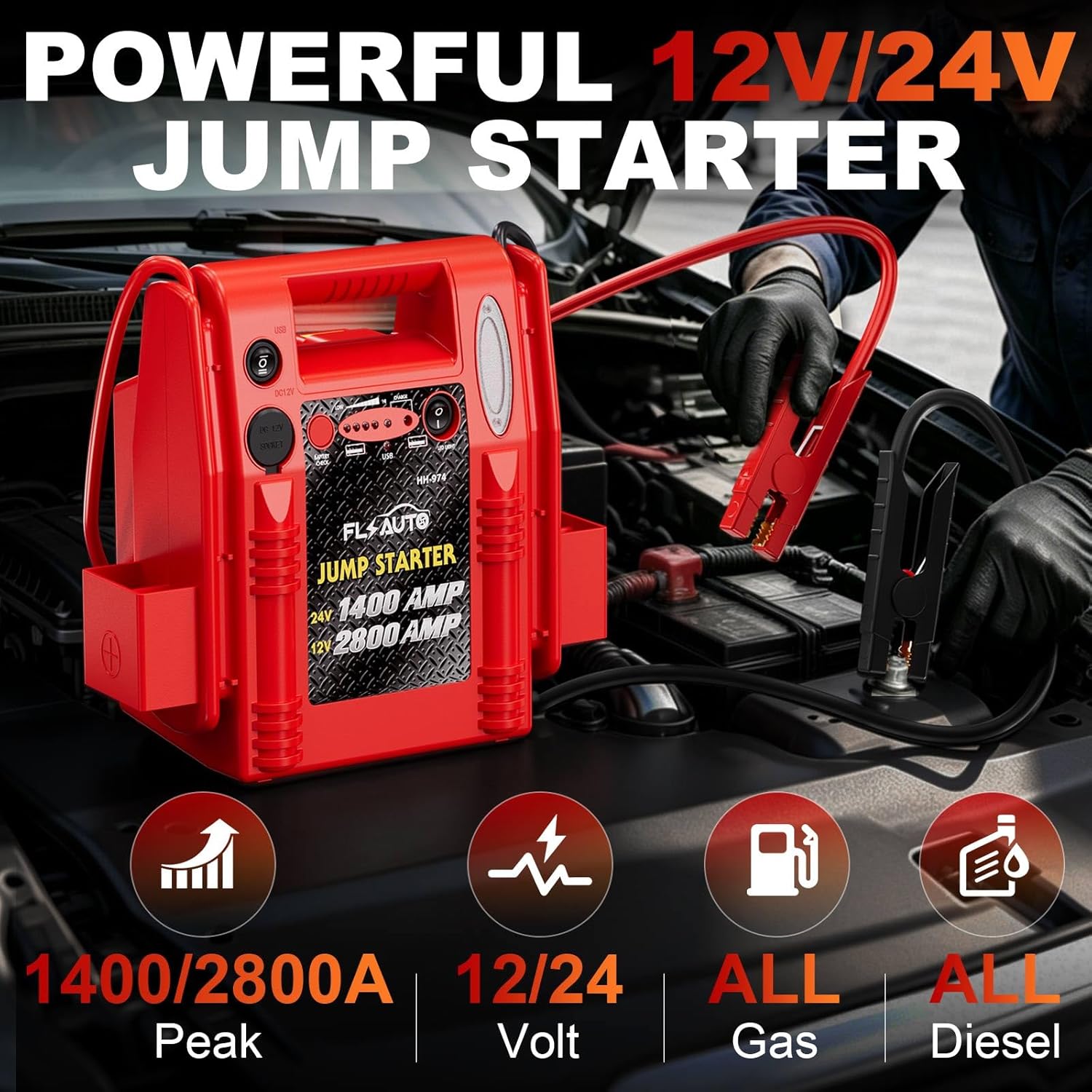 2800A/1400A Heavy Duty 12V/24V Car Jump Starter & Battery Booster – Jumper Pack, Lead-Acid Emergency Power for Cars, Trucks, SUVs, Boats