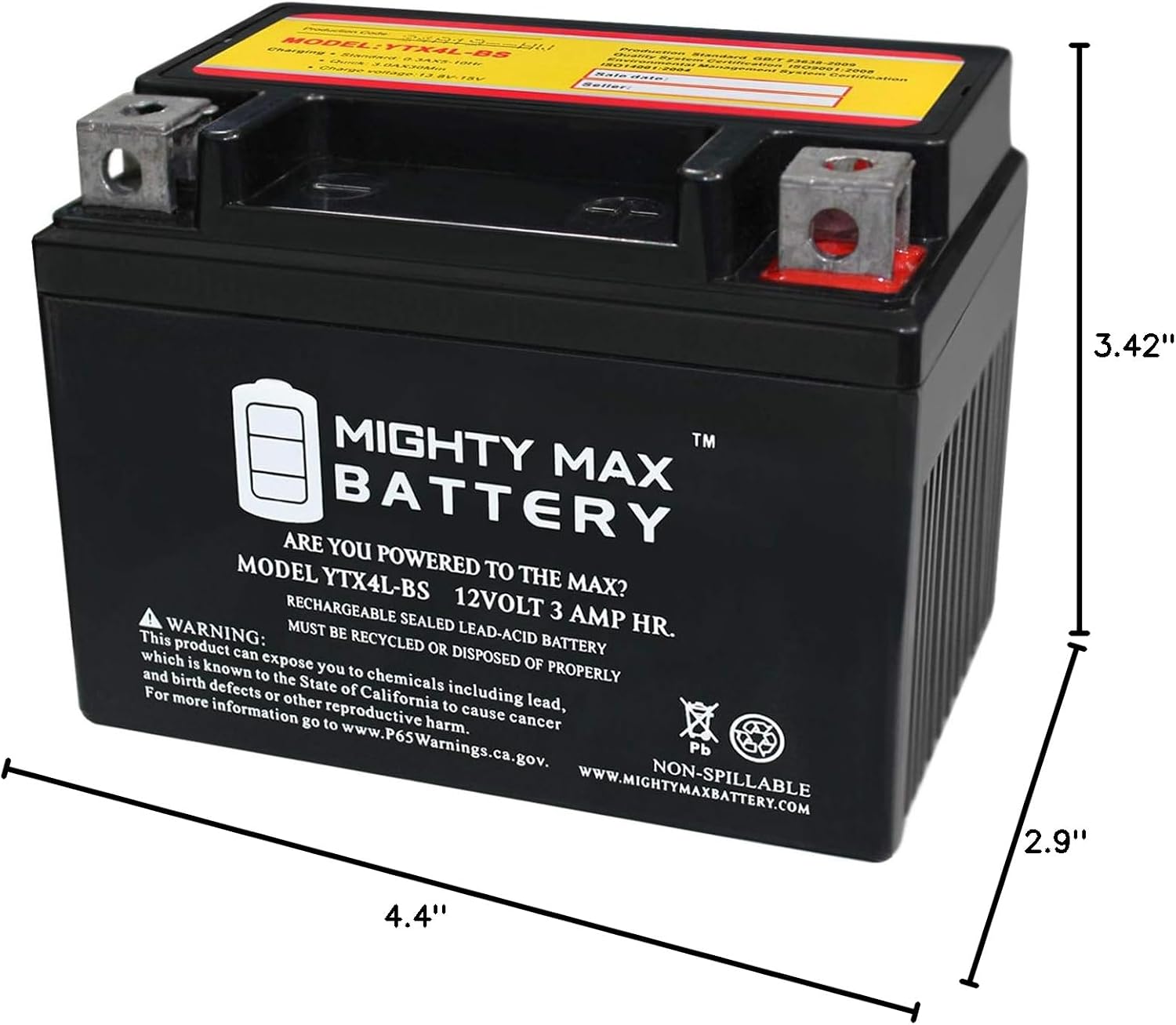 Mighty Max Battery YTX4L-BS SLA Battery for Motorcycle, Scooter, ATV