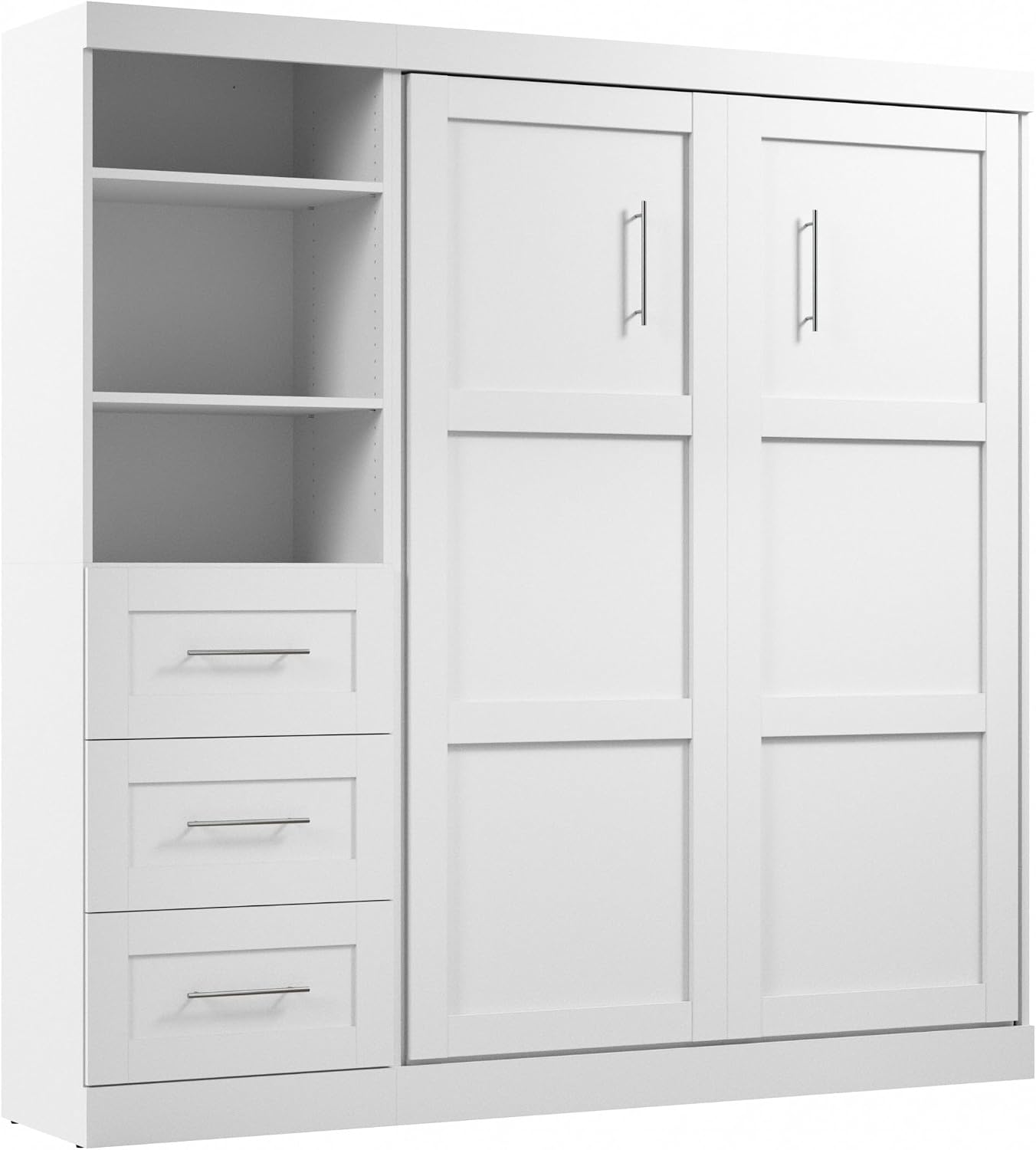Bestar Pur Full Murphy Bed and Storage Unit with Drawers, 84-inch Space-Saving Wall Bed with Storage in White | Storage Unit with Drawers