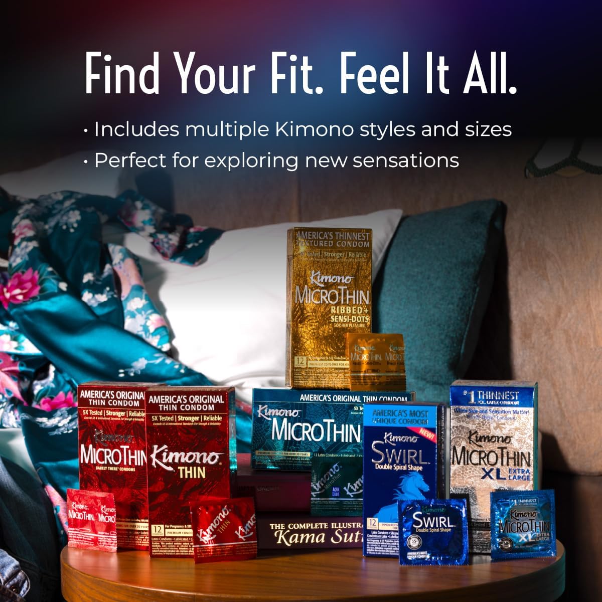 Kimono MicroThin Sheer Variety Pack of 12 - Multiple Styles of Ultrathin Condom Shapes, Unique Designs in One Pack, Natural Latex Condoms, Vegan-Friendly, No Latex Odor - Enhanced Sensitivity