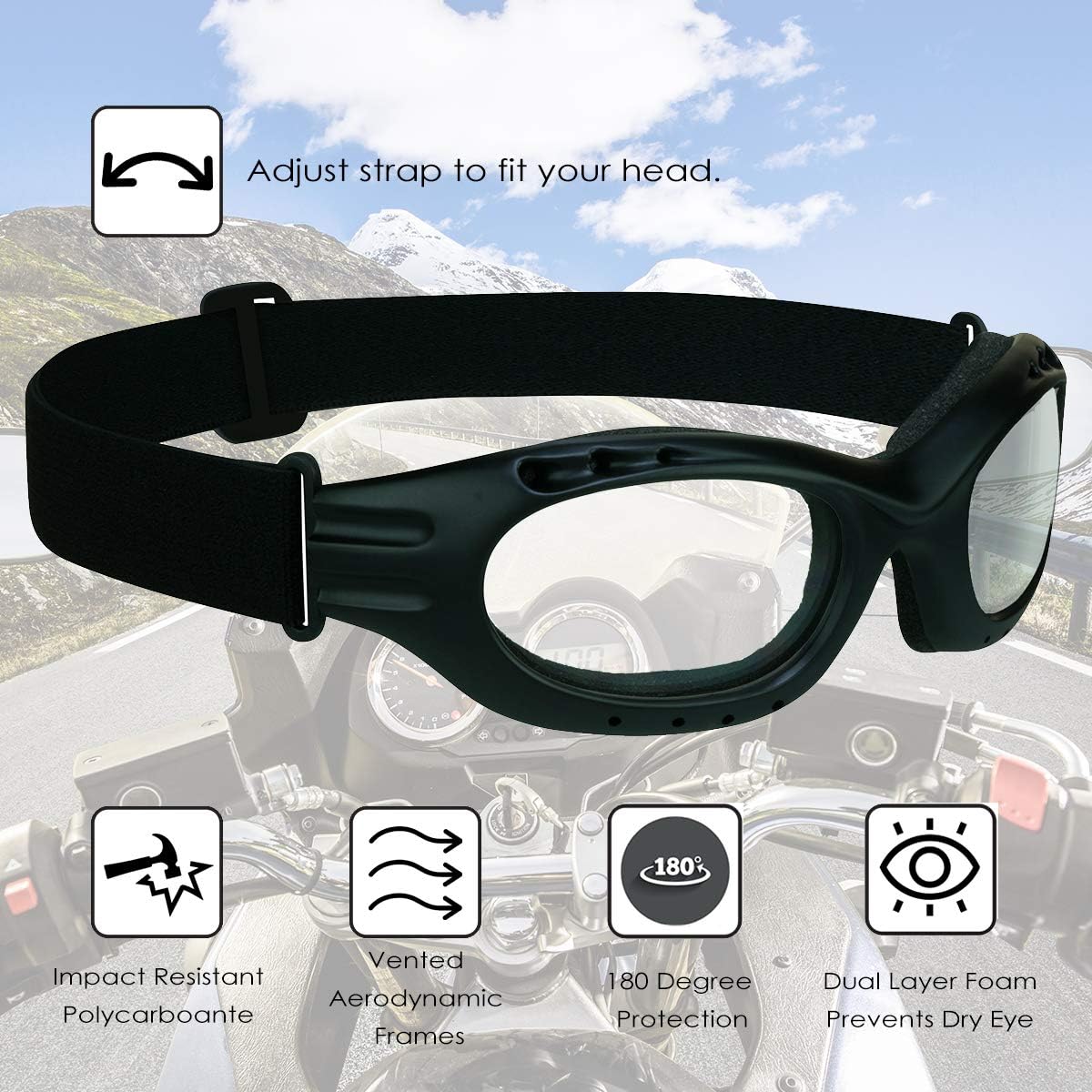 Bikershades Motorcycle Safety Riding Goggles Men Women. Polarized Lens, Smoke, Mirrored Blue or Orange, Clear Yellow Lenses