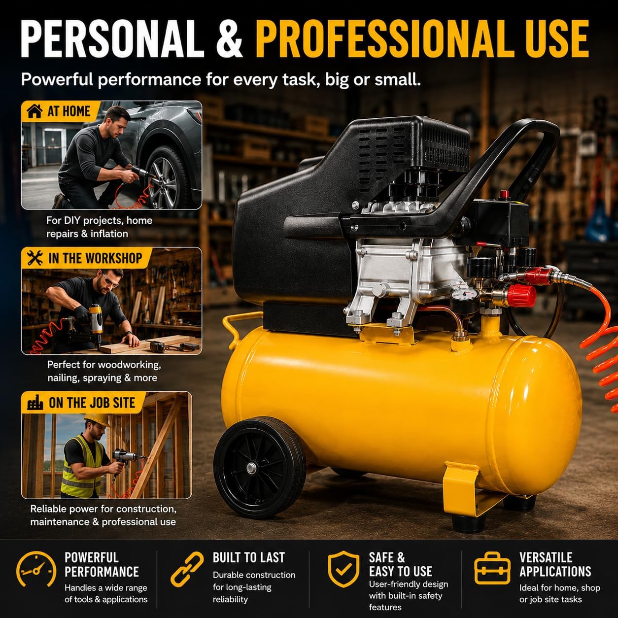 Stark USA 3.5HP 10 Gallons Air Compressor Tank Ultra Quiet Horizontal Tank Adjustable Pressure Ideal for DIY, Home & Garage Applications, 8.37 CFM