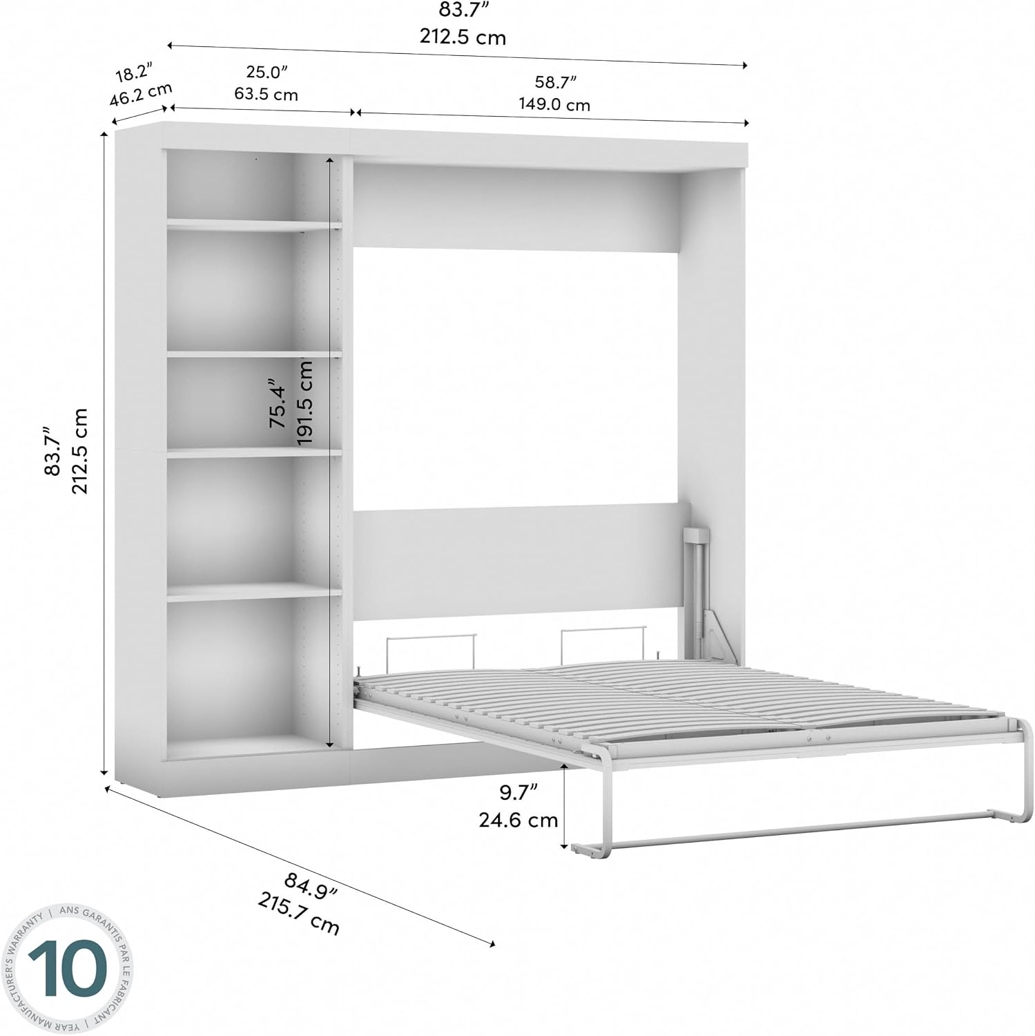 Bestar Pur Queen Murphy Bed, 65-inch Space-Saving Sleeping Arrangement for Multipurpose Area, Bedroom, Guest Room, or Living Room | Dual piston mechanism; for guest room or multipurpose space; Shaker-inspired trim with metal handles