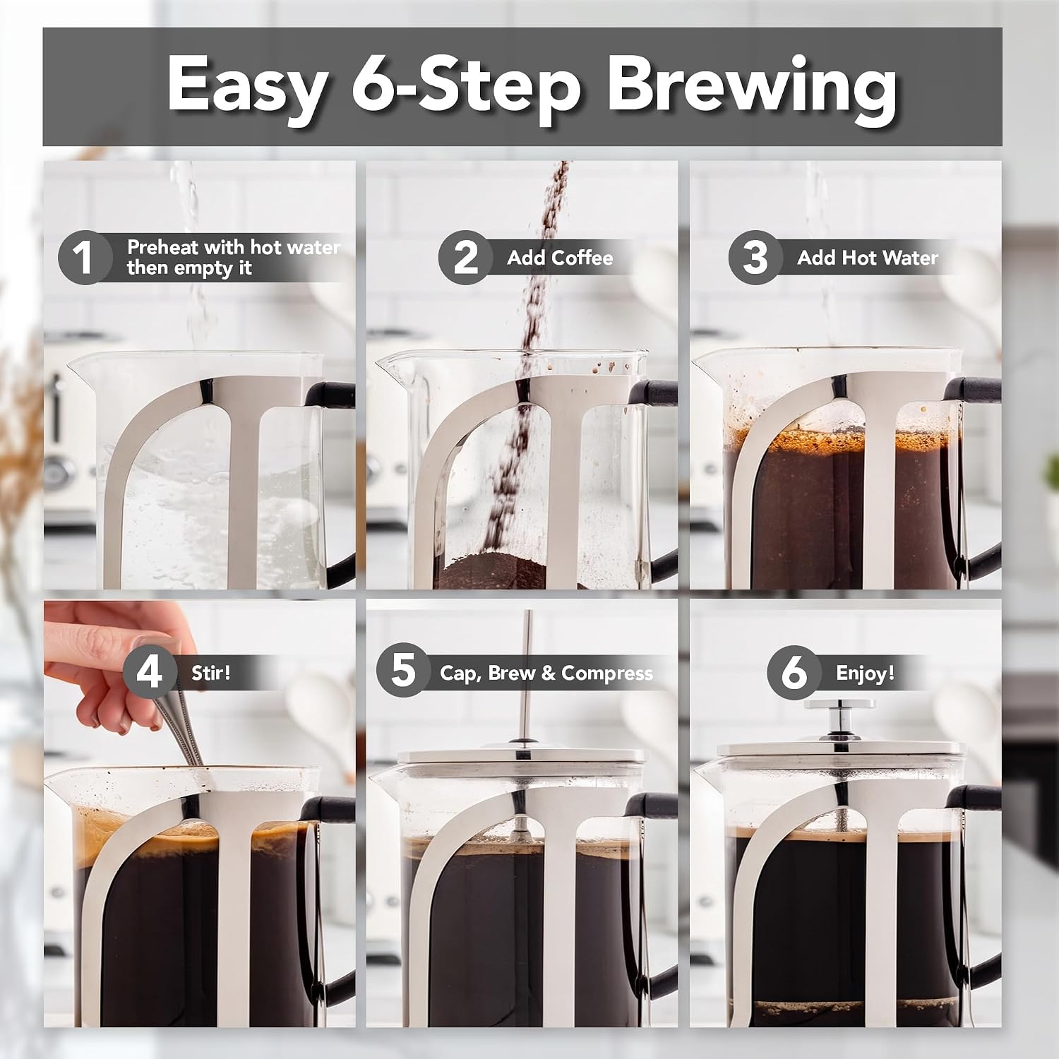 OVENTE French Press Coffee Maker, 34oz BPA-Free Cold Brewer, Clear FGC34T | Heat Resistant Borosilicate Glass, 4-Level Filter System, Stainless Steel Plunger, Cafetera Tea Pot for Kitchen Travel Gifts