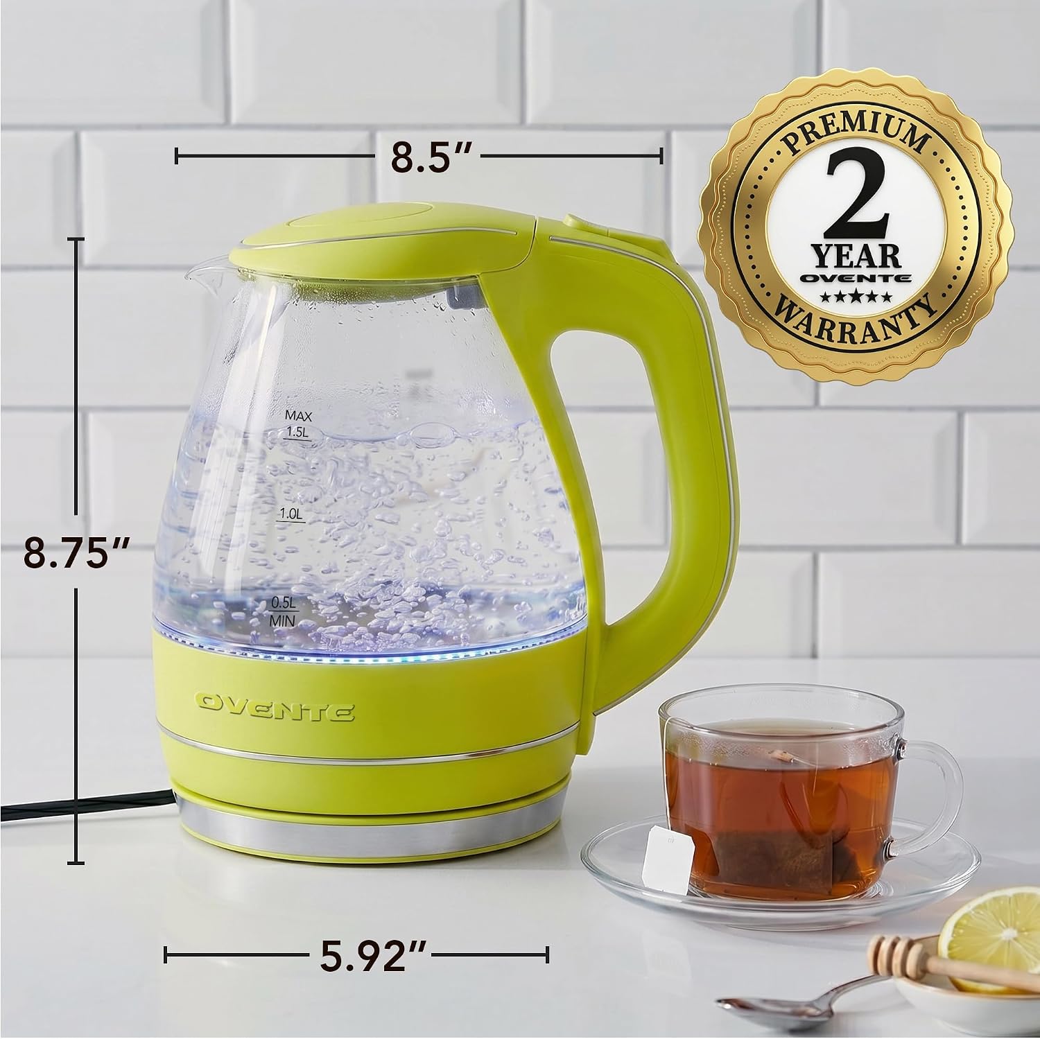 OVENTE 1.5L Glass Electric Kettle Water Boiler, Black KG83B | 1100W Fast Boiling, Borosilicate Glass, BPA-Free, Blue LED, Auto Shut-Off, Boil-Dry Protection, Removable Filter, 360° Base