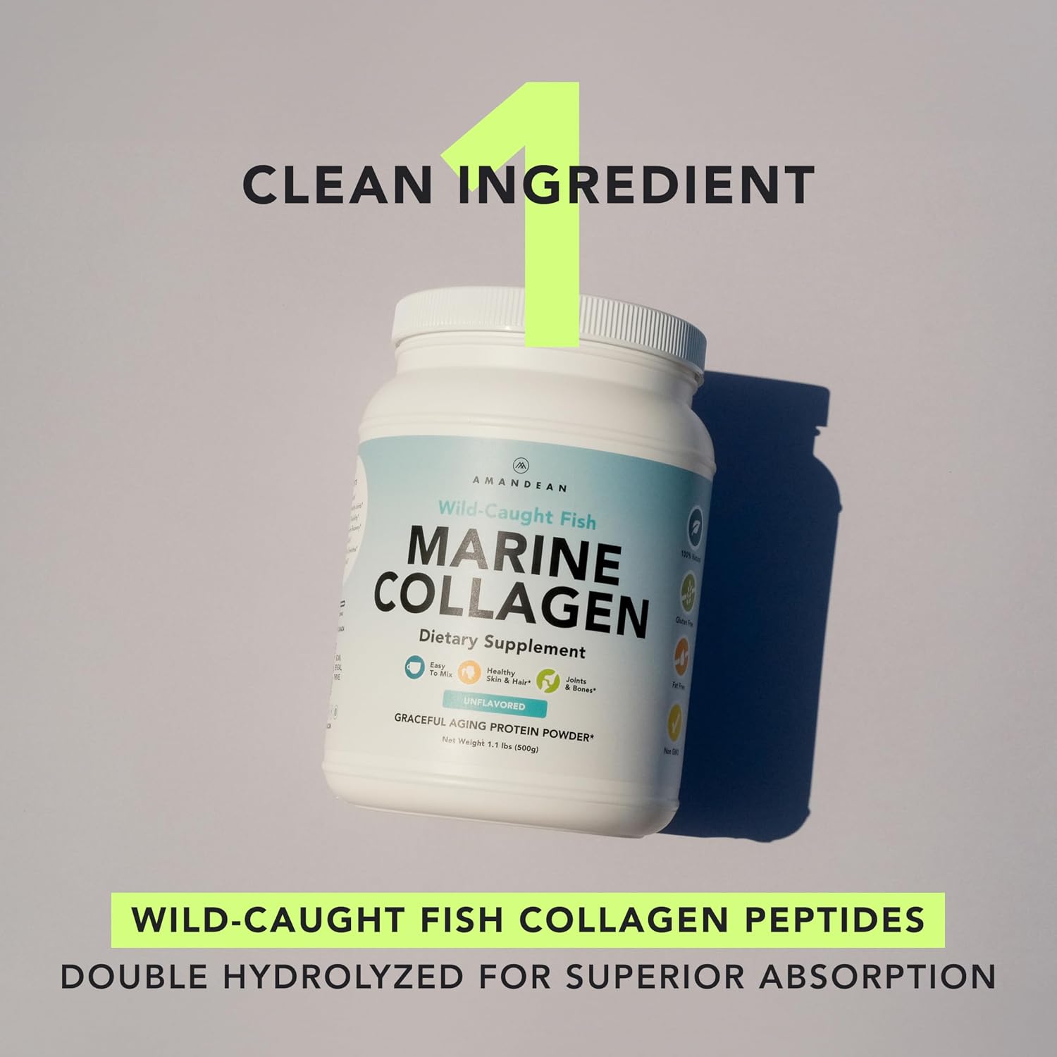 AMANDEAN Marine Collagen Peptides Powder, Wild-Caught Fish Collagen, 500g | Double-hydrolyzed wild-caught fish collagen, 50 servings, skin, hair