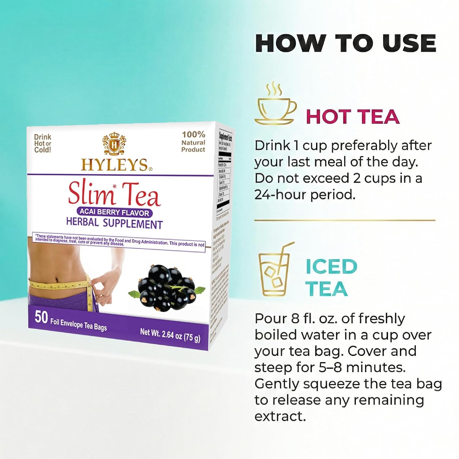 HYLEYS Slim Tea Goji Berry, Weight Loss Detox, Slimming Diet Tea, 25 Bags | Green Tea, Senna Detox & Cleanse, 3 Natural Ingredients, No Added Sugar, 1-Step Bedtime Routine, Supports Digestion