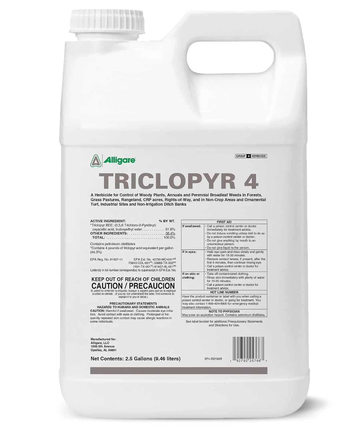 ALLIGARE - : Triclopyr 4 Herbicide Selective Weed Killer for Woody Plants, Brush for Forestry, Pastures, Rights-of-Way & Industrial Sites - Compare to Garlon 4 & Remedy - 1 Gallon