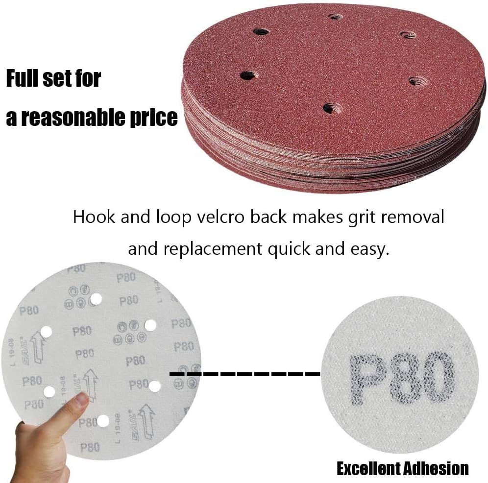 Tonmp 50 PCS 9 Inch 6 Hole Drywall Sanding Discs Set -10 Each of 60 80 120 150 240 Grits, 9" Hook-and-Loop Sandpaper for Electric Drywall Sander
