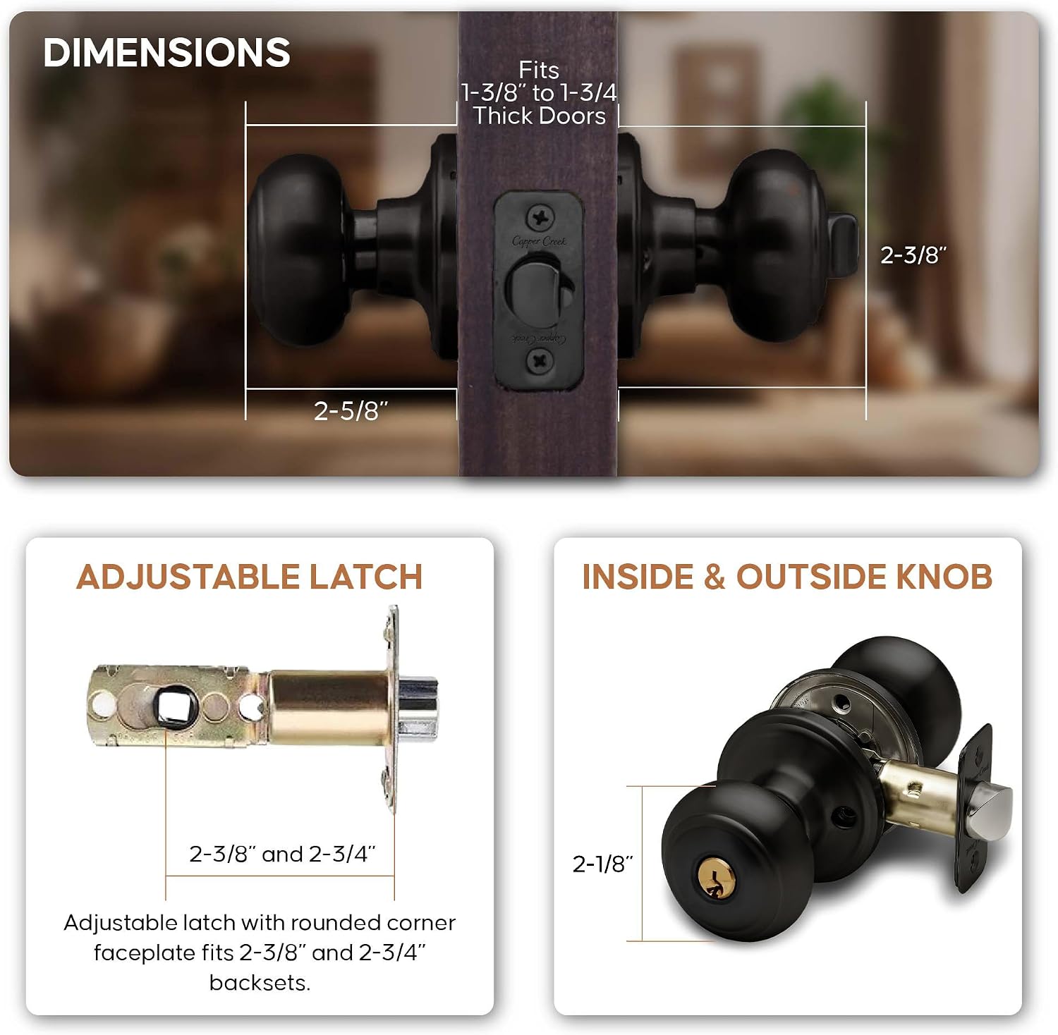 Copper Creek Colonial Privacy Interior Door Knob – ANSI Grade-3 Certified, Modern Heavy Duty Handle, Easy Install and Reversible for Bedroom, Bathroom and Closets – Satin Stainless (1 Pack)