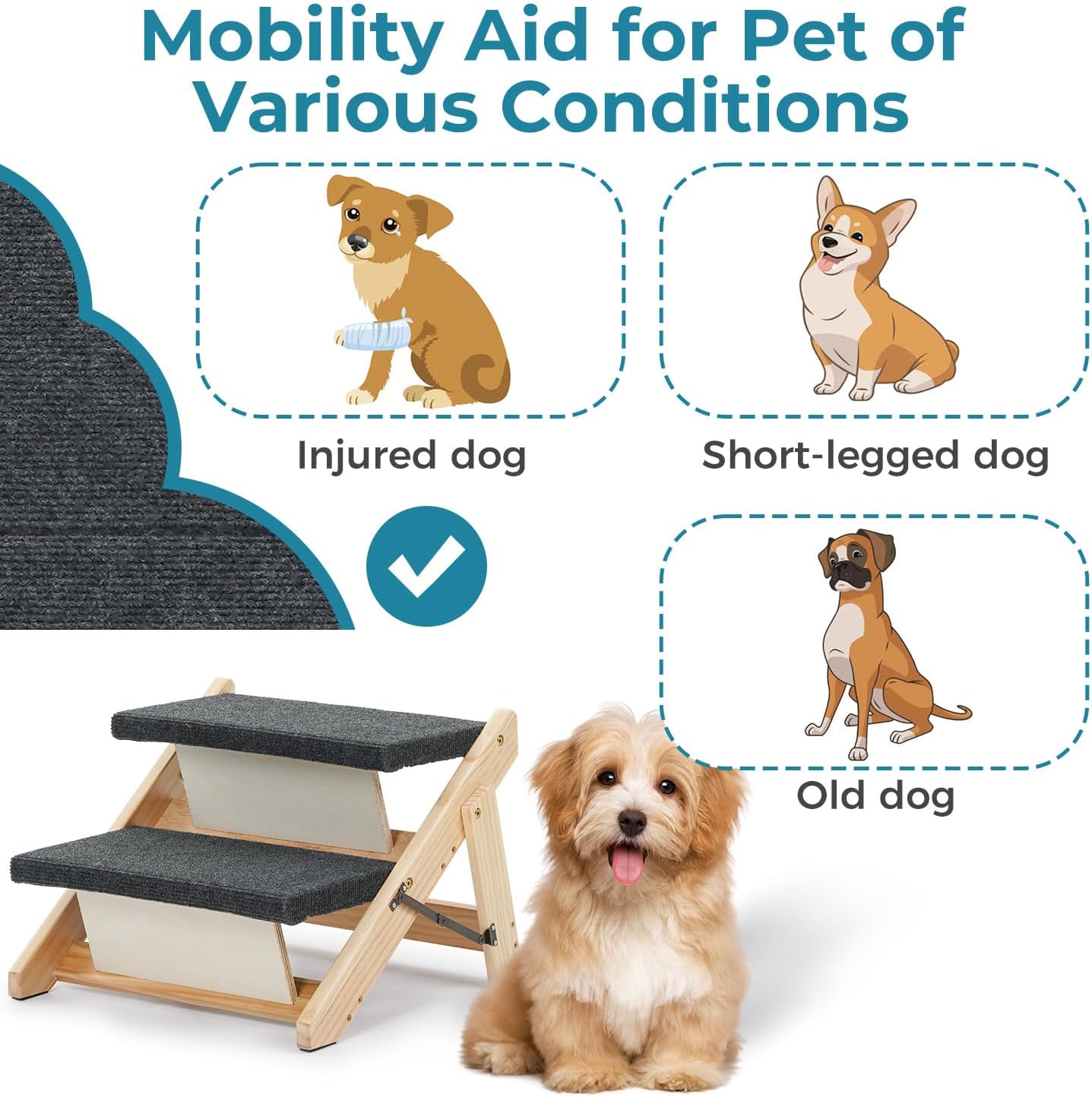 MEWANG Wood Pet Stairs & Ramp for Small/Medium Dogs & Cats, Aging Pets – 2-in-1 Foldable, Portable, Non-Slip Pet Ladder for Tall Beds, Couches