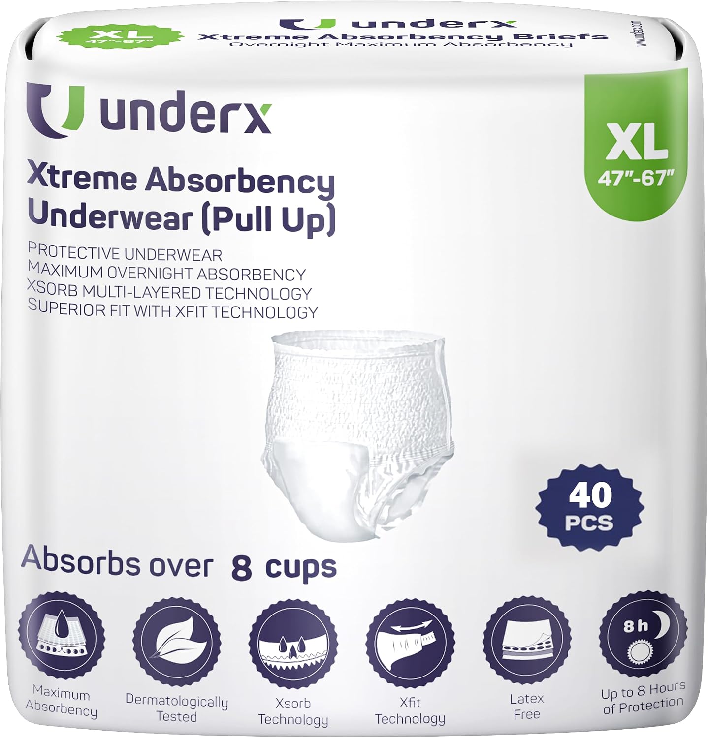 UnderX Adult Disposable Incontinence Underwear – Maximum Absorbency Pull Ups, Overnight Leak Protection, 8 Cup Absorption, Soft Latex-Free