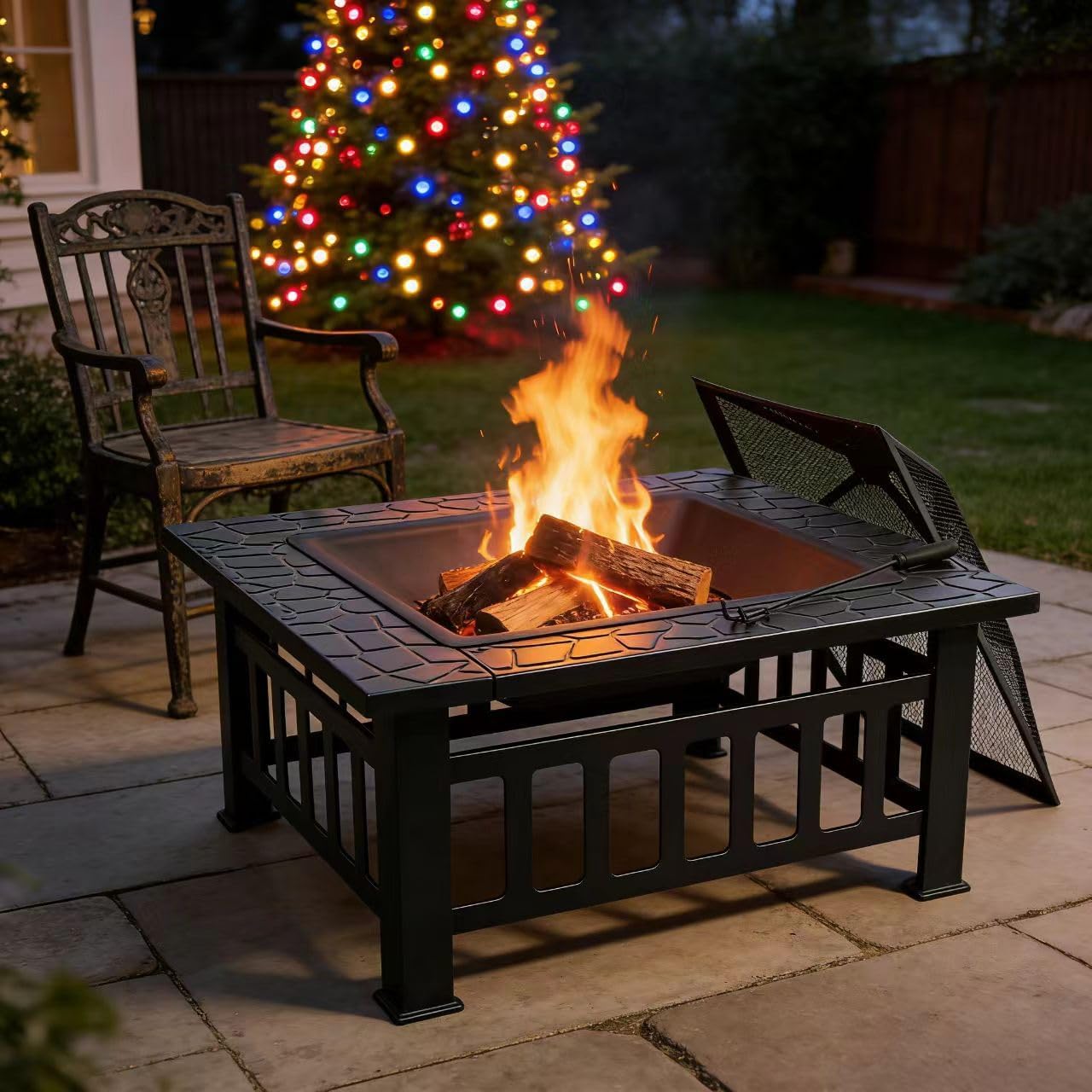 ZENY 32 inch Outdoor Fire Pit with Grill for Outside Wood Burning, Square Metal Outside Fireplaces