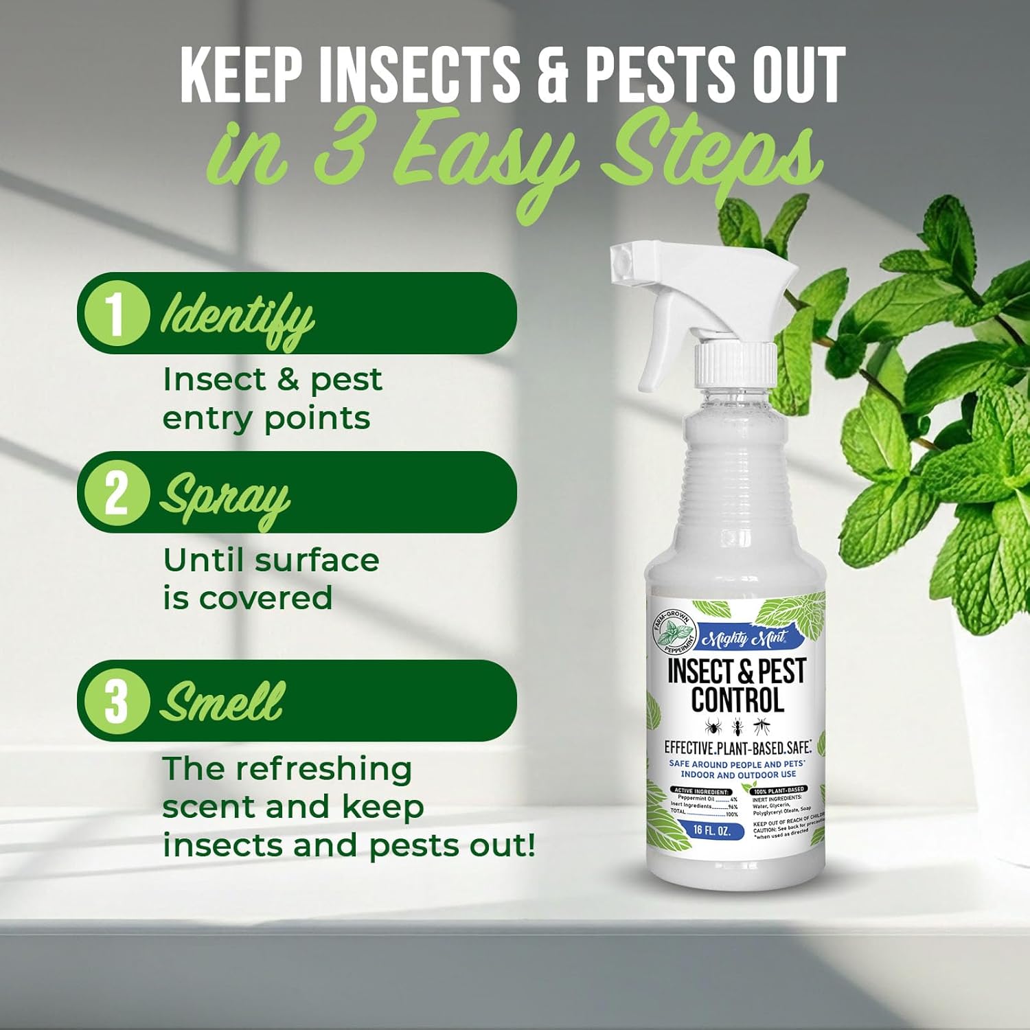 Mighty Mint Peppermint Oil Insect Repellent Spray, 16 oz | Natural Indoor & Outdoor Bug Control for Spiders, Ants, Roaches, Plant-Based, Extra-Strong Formula with Microfiber Cloth