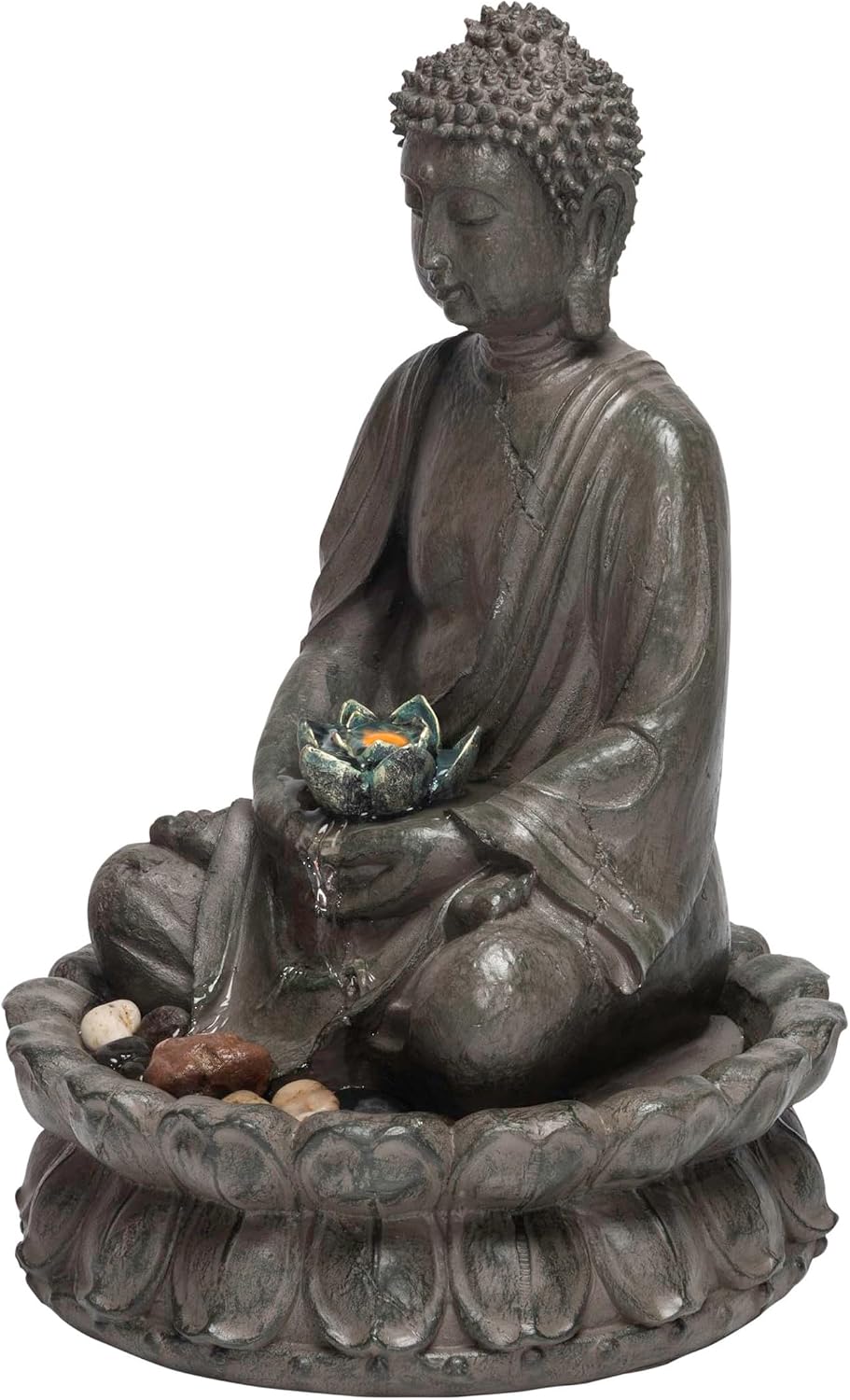 Alpine Corporation GEM178 Indoor Tabletop Meditating Buddha Water Fountain with LED Lights and Lotus Flower, 19", Beige