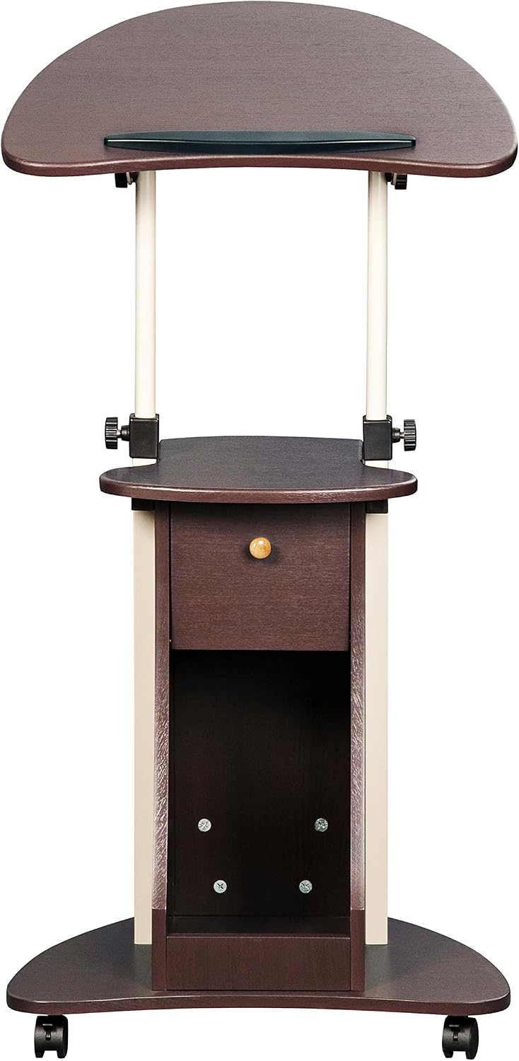 Techni Mobili Adjustable Height Rolling Laptop Cart with Storage, Graphite | Adjustable height rolling laptop cart with storage drawer, open shelf, wheels, sit‑stand design for office or medical use