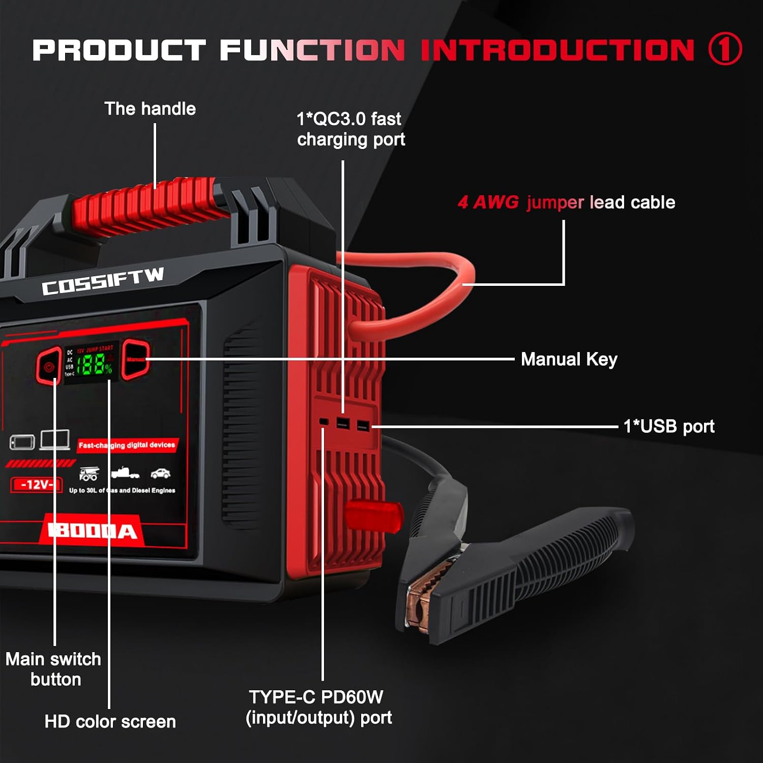 Heavy Duty Trucks 18000A 12V Car Jump Starter Portable Power Bank with PD 60W Two-Way Fast-Charging, Battery Booster Pack for Truck, Diesel, RV, SUV