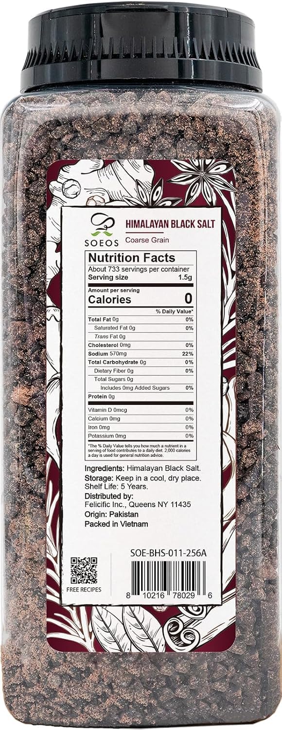 Soeos Black Salt, Coarse Grain, 2.4 LB(39 Oz), Natural Faux Egg Flavor
